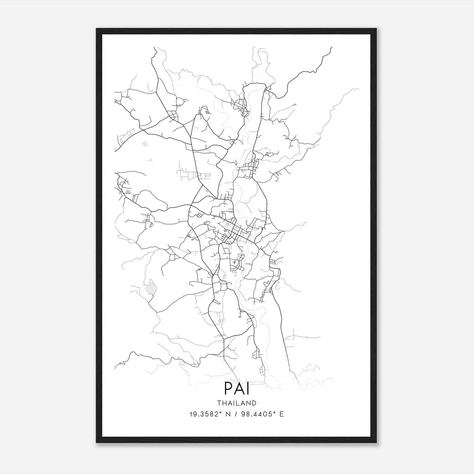 Pai Thailand Map Poster, Pai City Road Wall Art Print