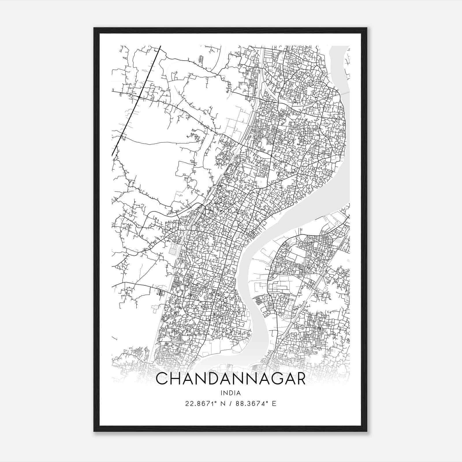 Chandannagar India Map Poster, Chandannagar City Road Wall Art Print