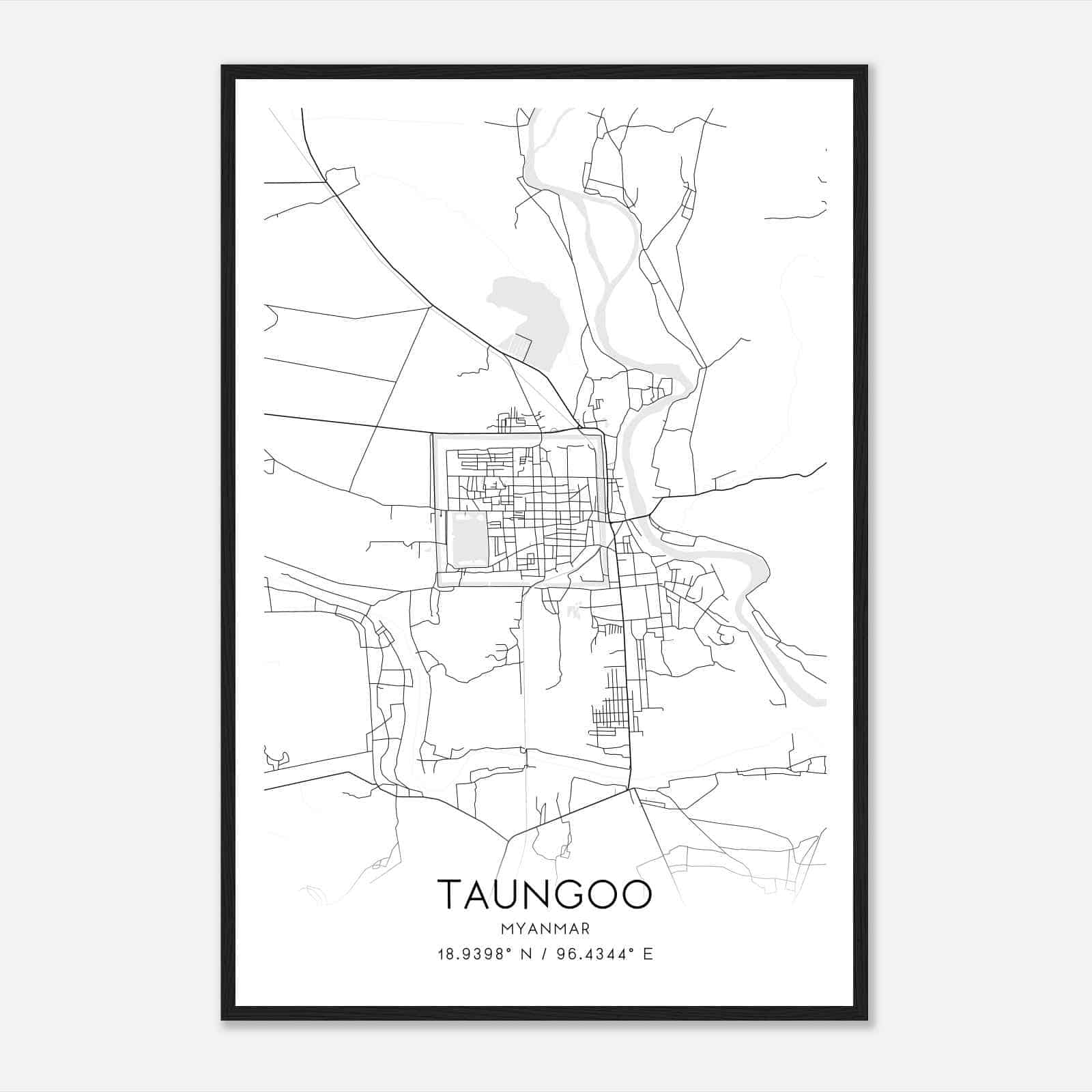 Taungoo Myanmar Map Poster, Taungoo City Road Wall Art Print