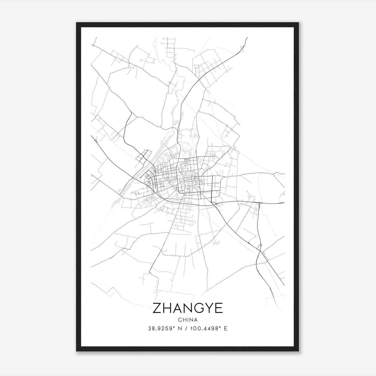 Zhangye China Map Poster, Zhangye City Road Wall Art Print