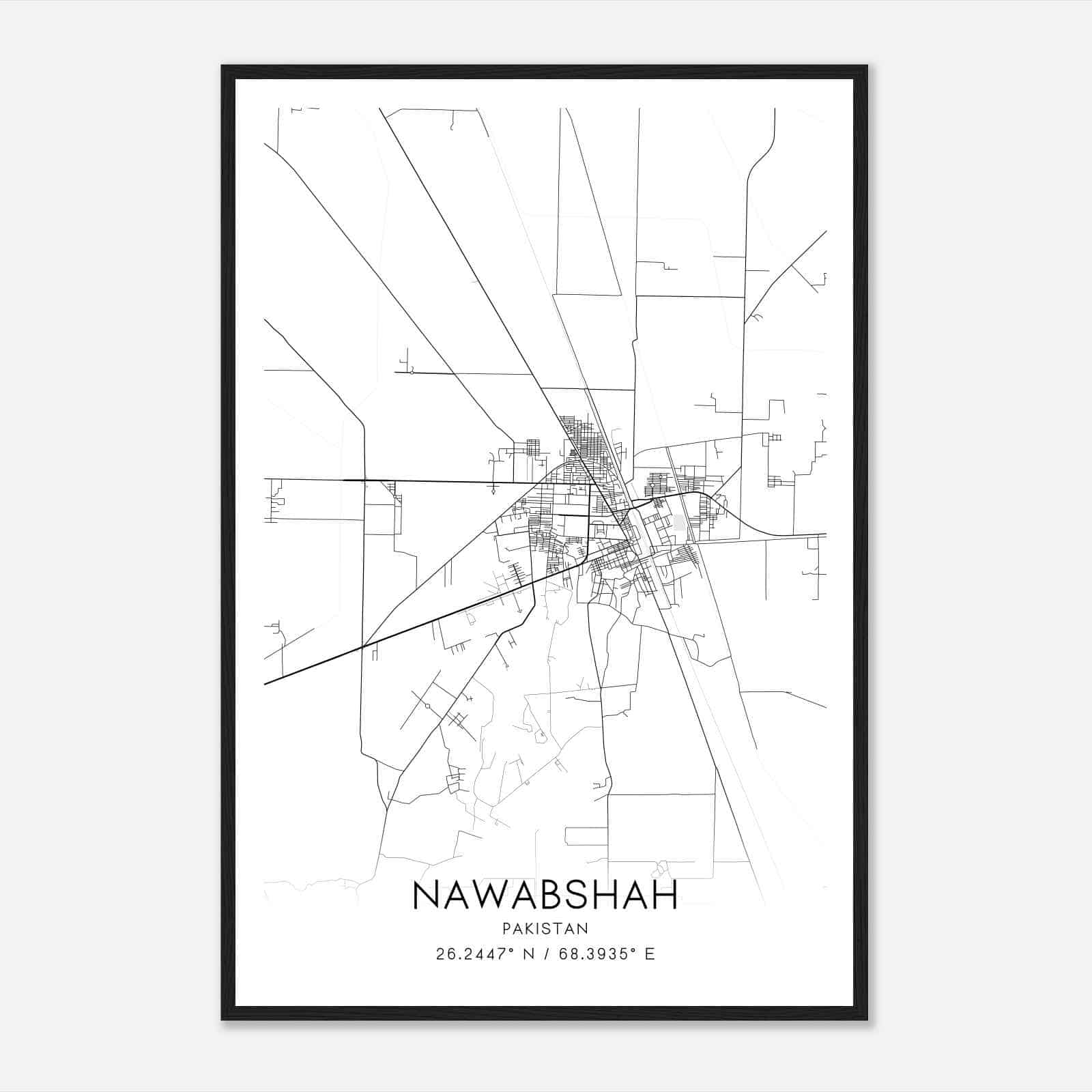 Nawabshah Pakistan Map Poster, Nawabshah City Road Wall Art Print