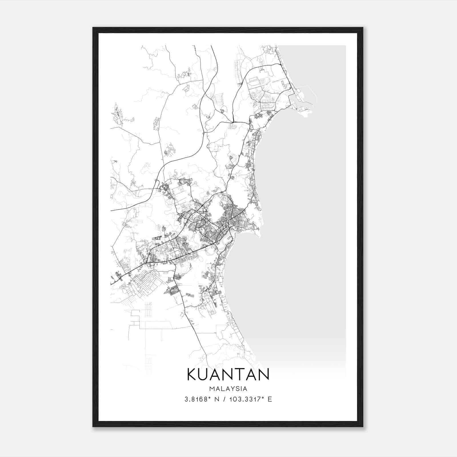 Kuantan Malaysia Map Poster, Kuantan City Road Wall Art Print