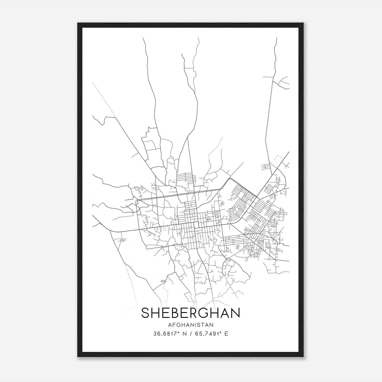 Sheberghan Afghanistan Map Poster, Sheberghan City Road Wall Art Print