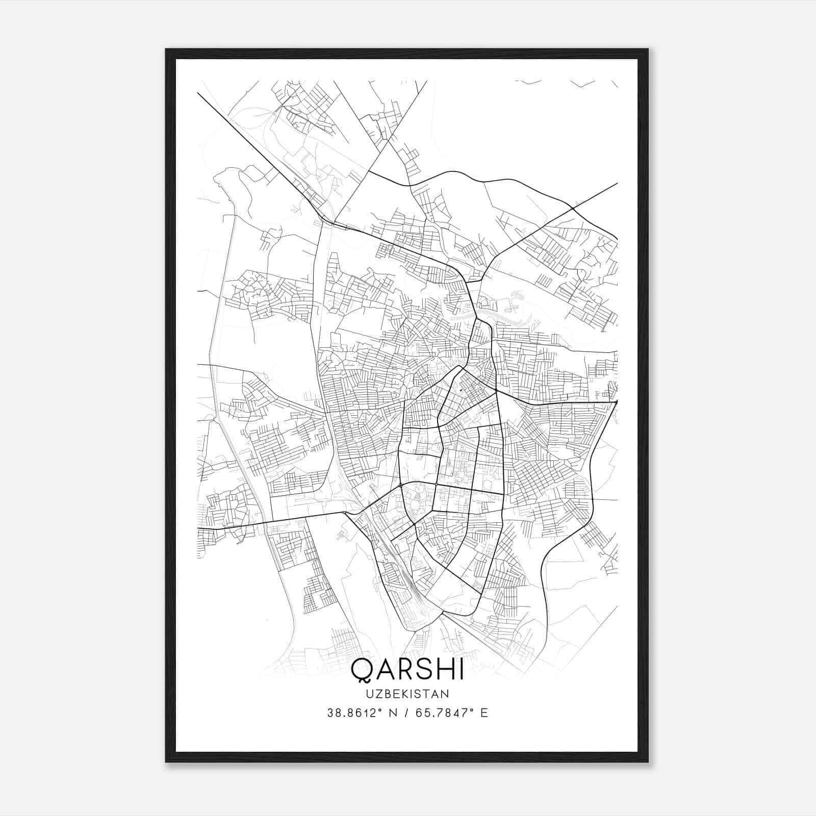 Qarshi Uzbekistan Map Poster, Qarshi City Road Wall Art Print