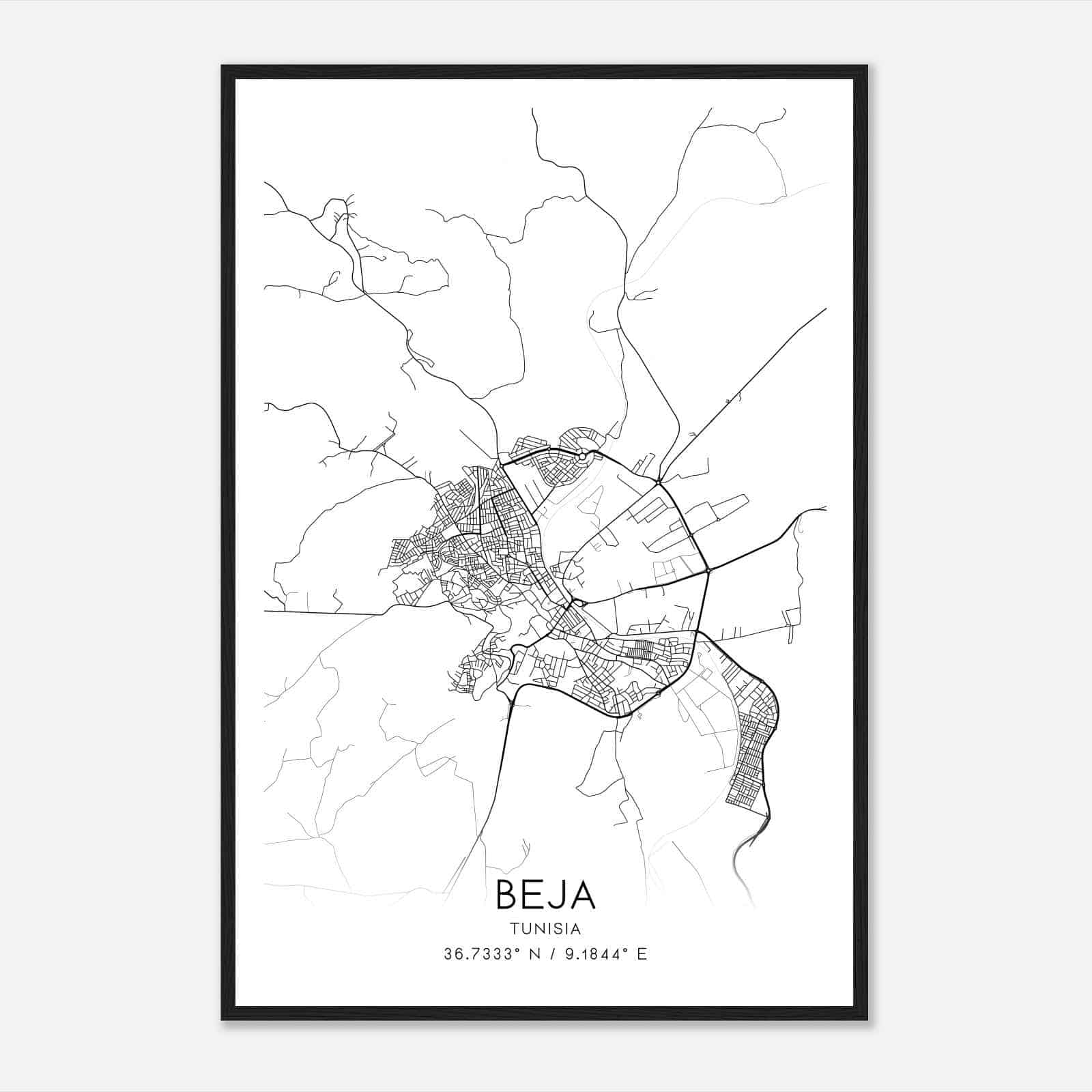 Beja Tunisia Map Poster, Beja City Road Wall Art Print