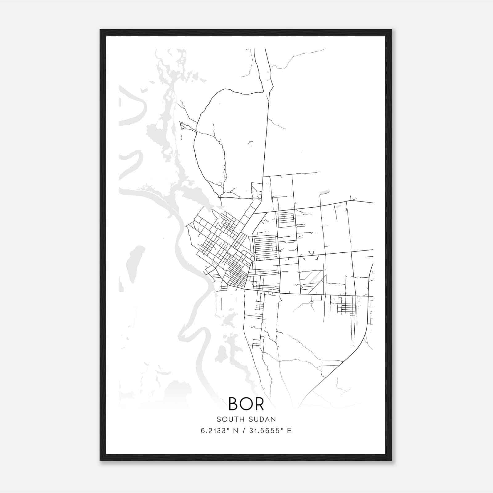 Bor South Sudan Map Poster, Bor City Road Wall Art Print