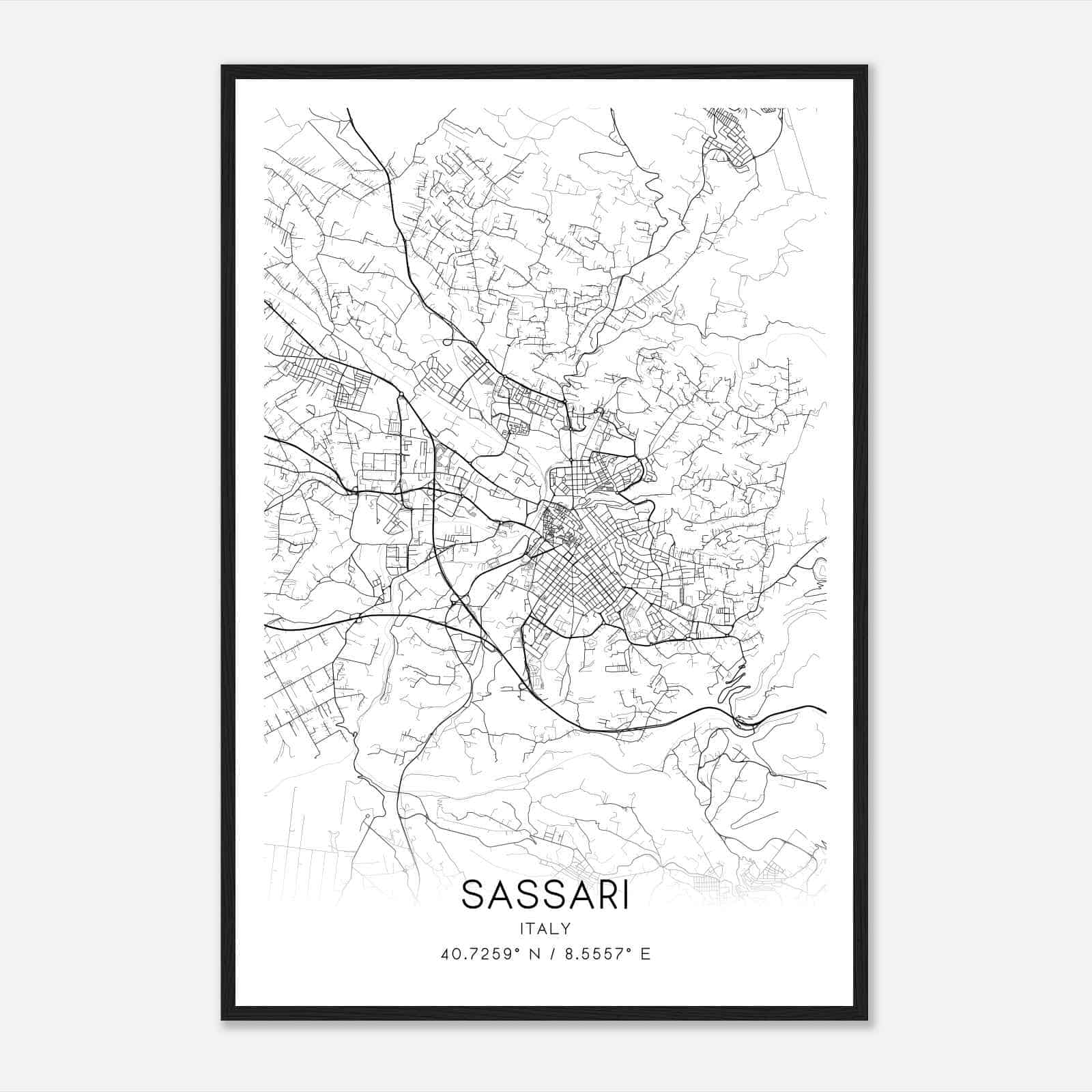 Sassari Italy Map Poster, Sassari City Road Wall Art Print