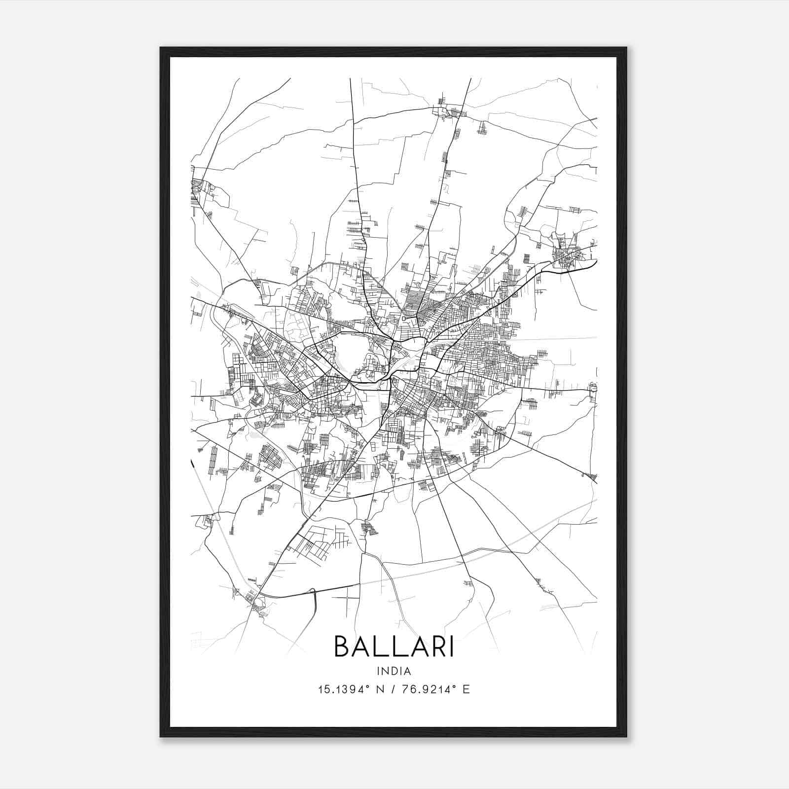 Ballari India Map Poster, Ballari City Road Wall Art Print