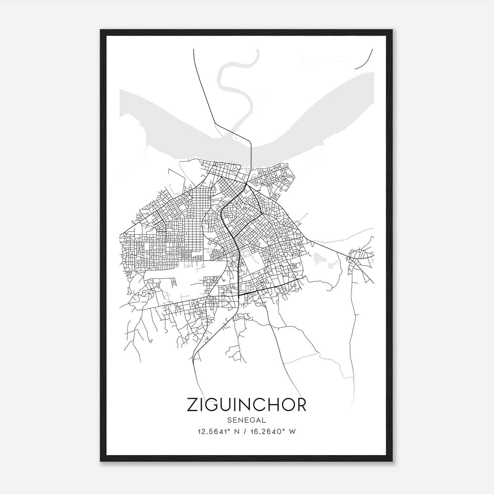 Ziguinchor Senegal Map Poster, Ziguinchor City Road Wall Art Print