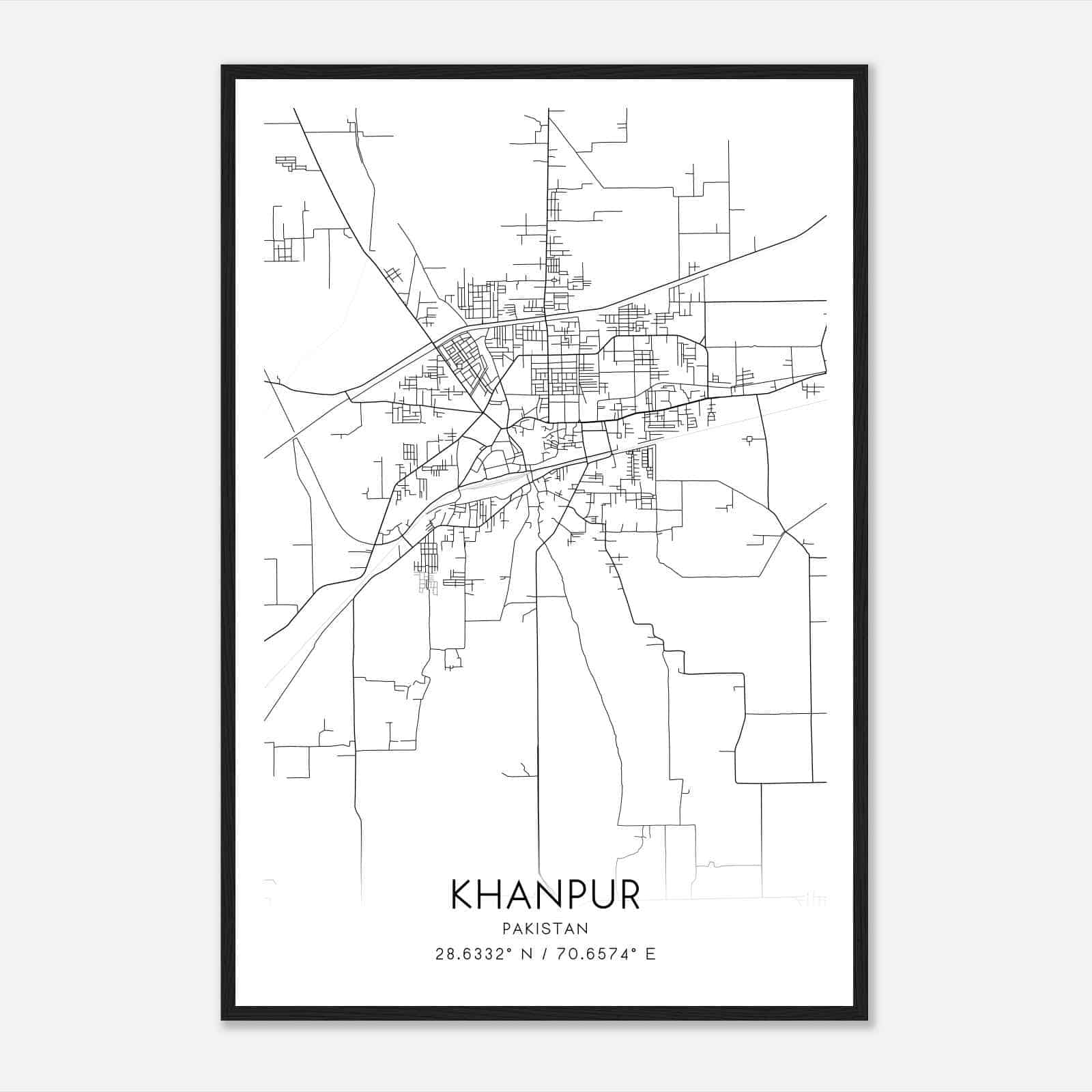 Khanpur Pakistan Map Poster, Khanpur City Road Wall Art Print