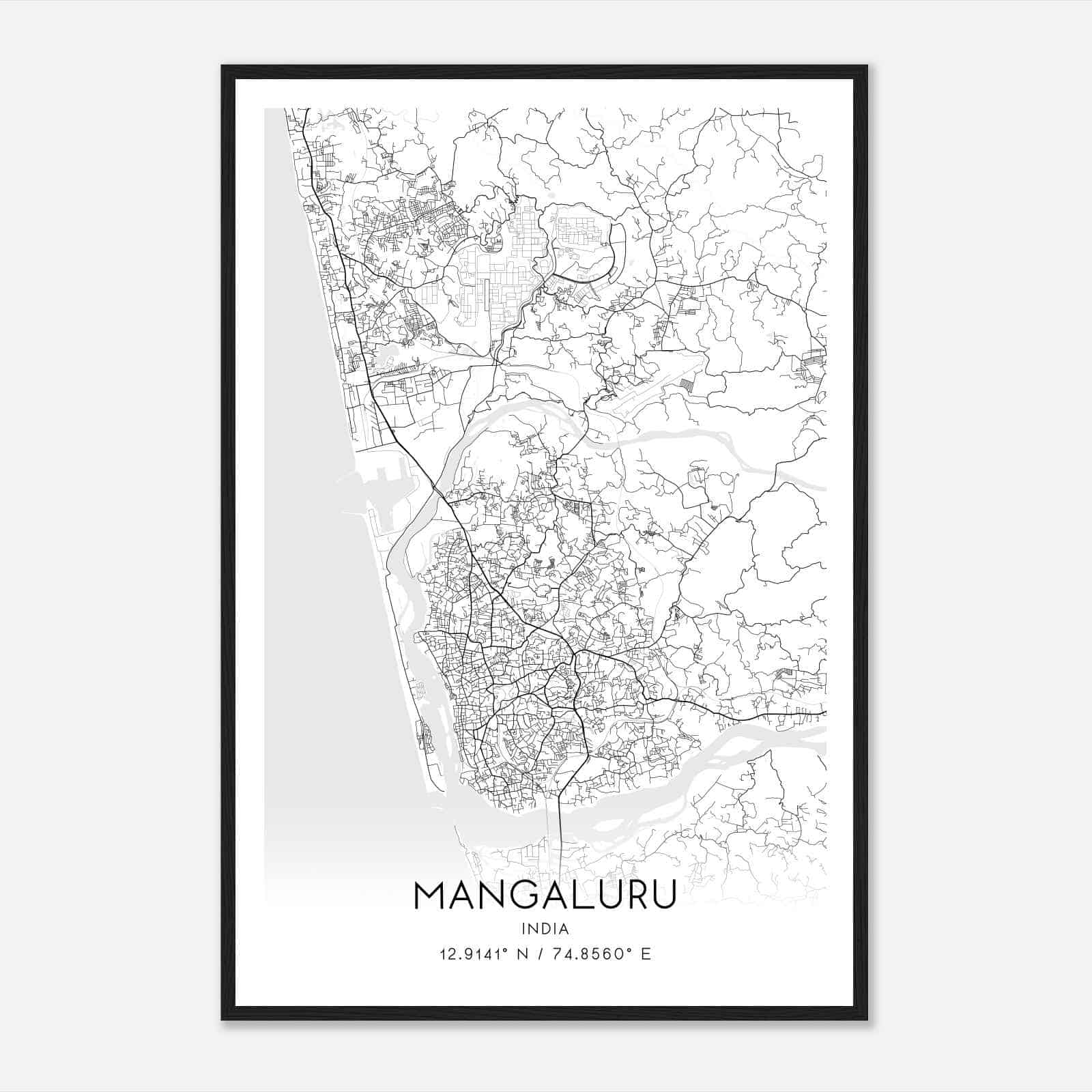 Mangaluru India Map Poster, Mangaluru City Road Wall Art Print