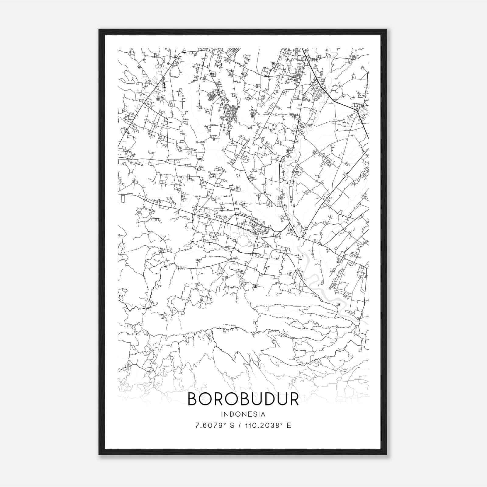 Borobudur Indonesia Map Poster, Borobudur City Road Wall Art Print