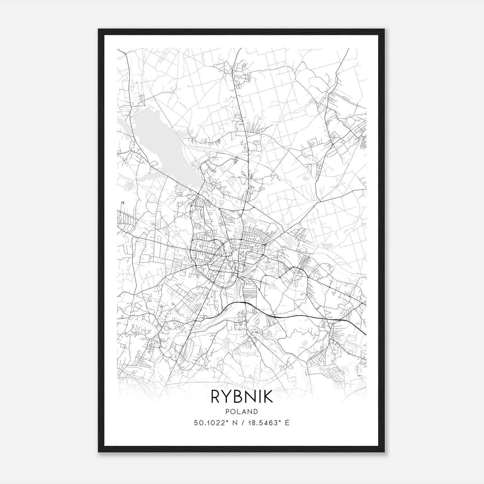 Rybnik Poland Map Poster, Rybnik City Road Wall Art Print