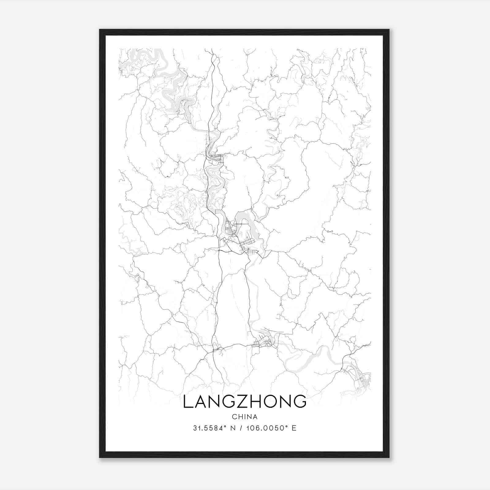 Langzhong China Map Poster, Langzhong City Road Wall Art Print