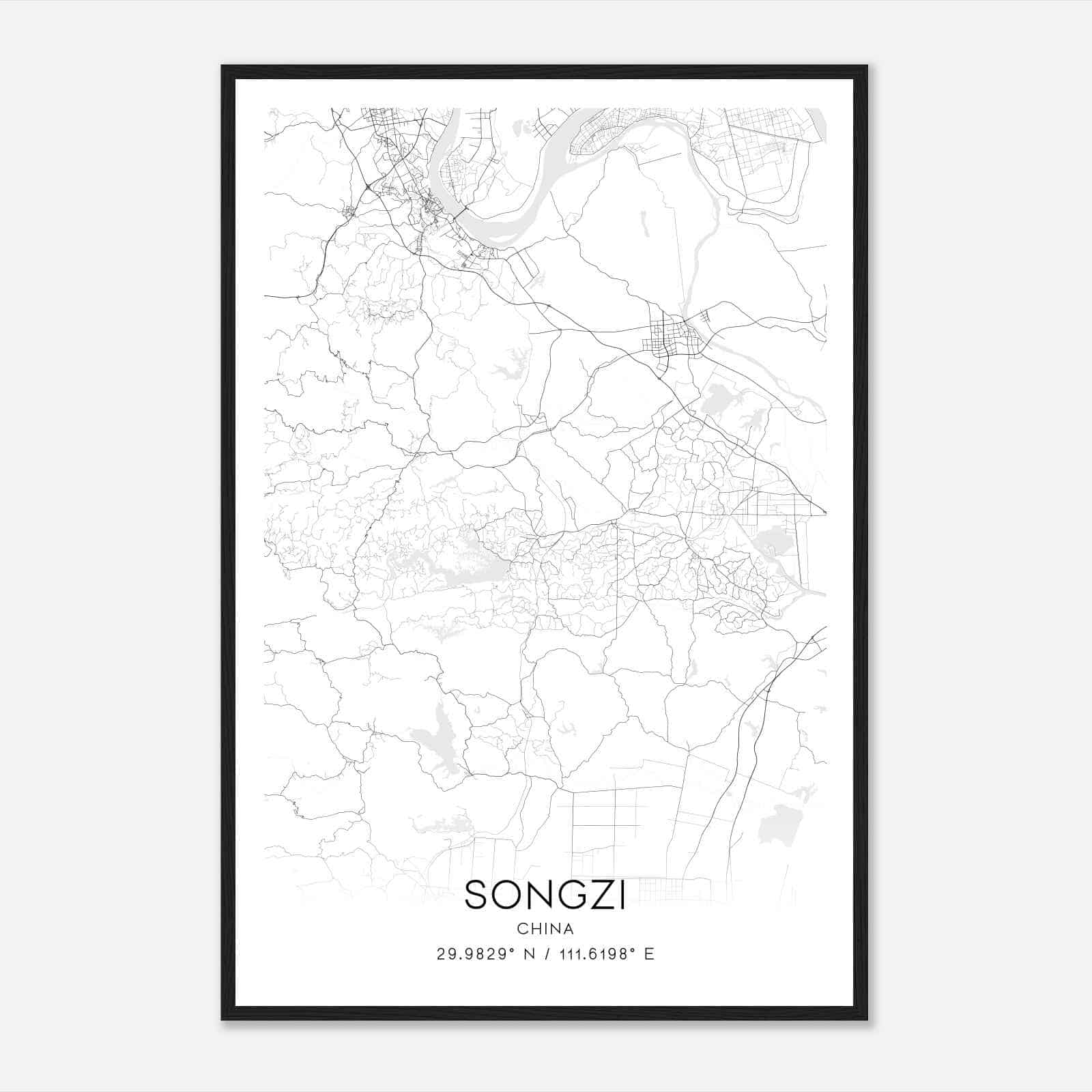 Songzi China Map Poster, Songzi City Road Wall Art Print