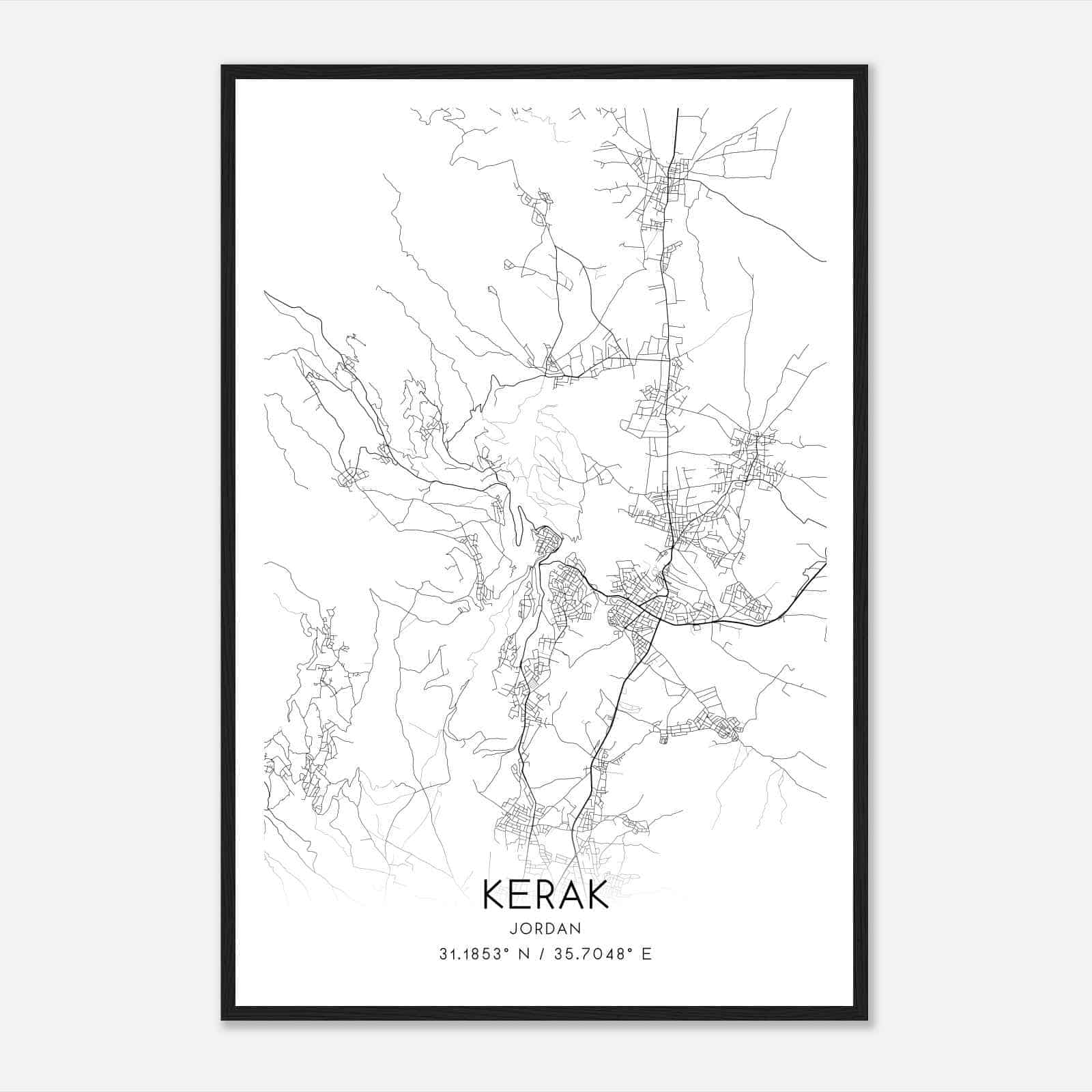 Kerak Jordan Map Poster, Kerak City Road Wall Art Print