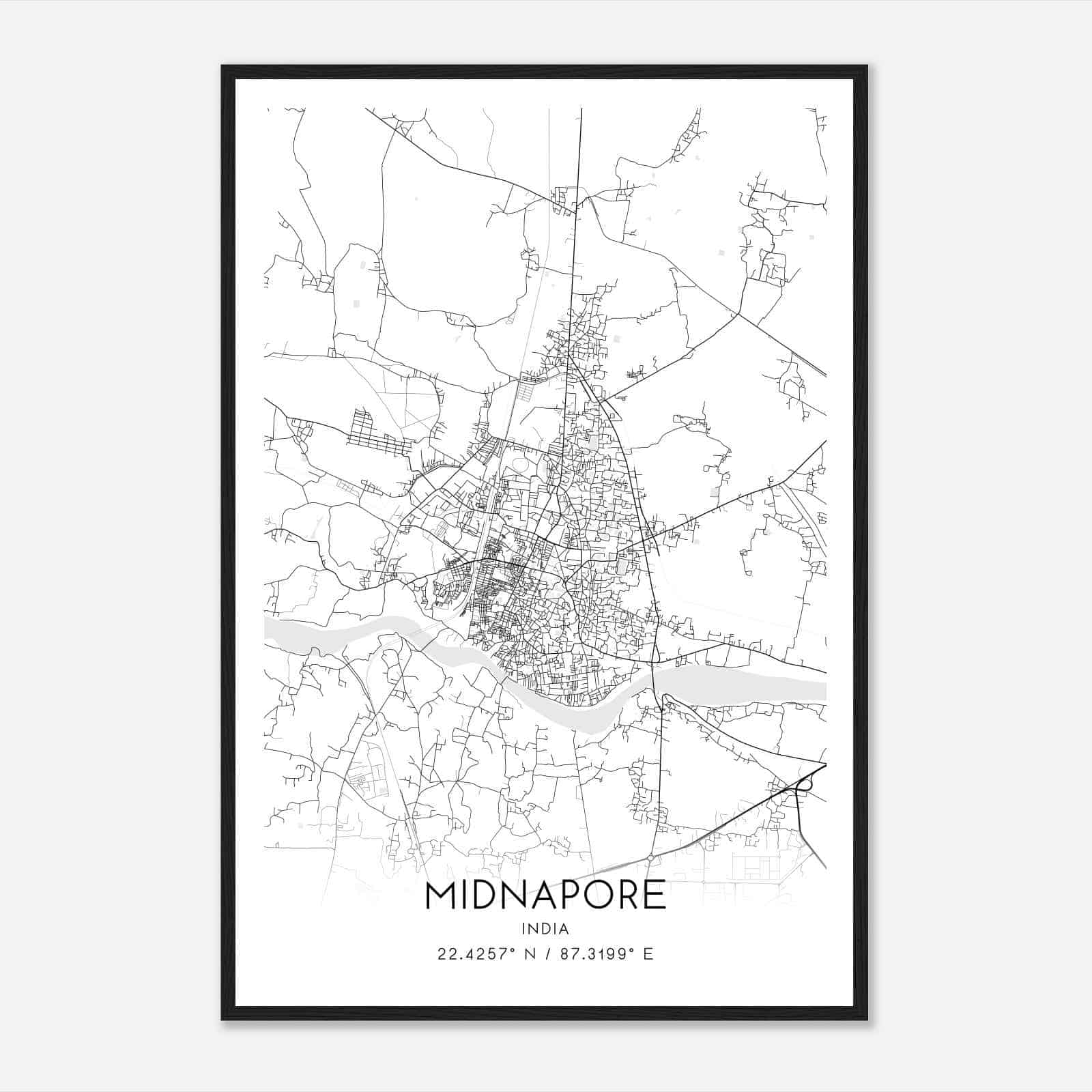 Midnapore India Map Poster, Midnapore City Road Wall Art Print