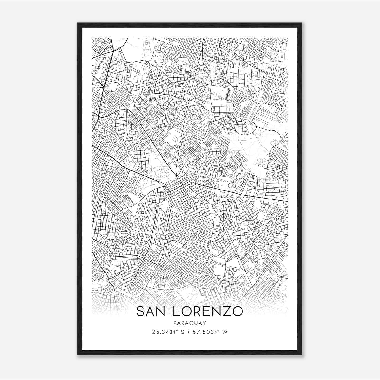 San Lorenzo Paraguay Map Poster, San Lorenzo City Road Wall Art Print