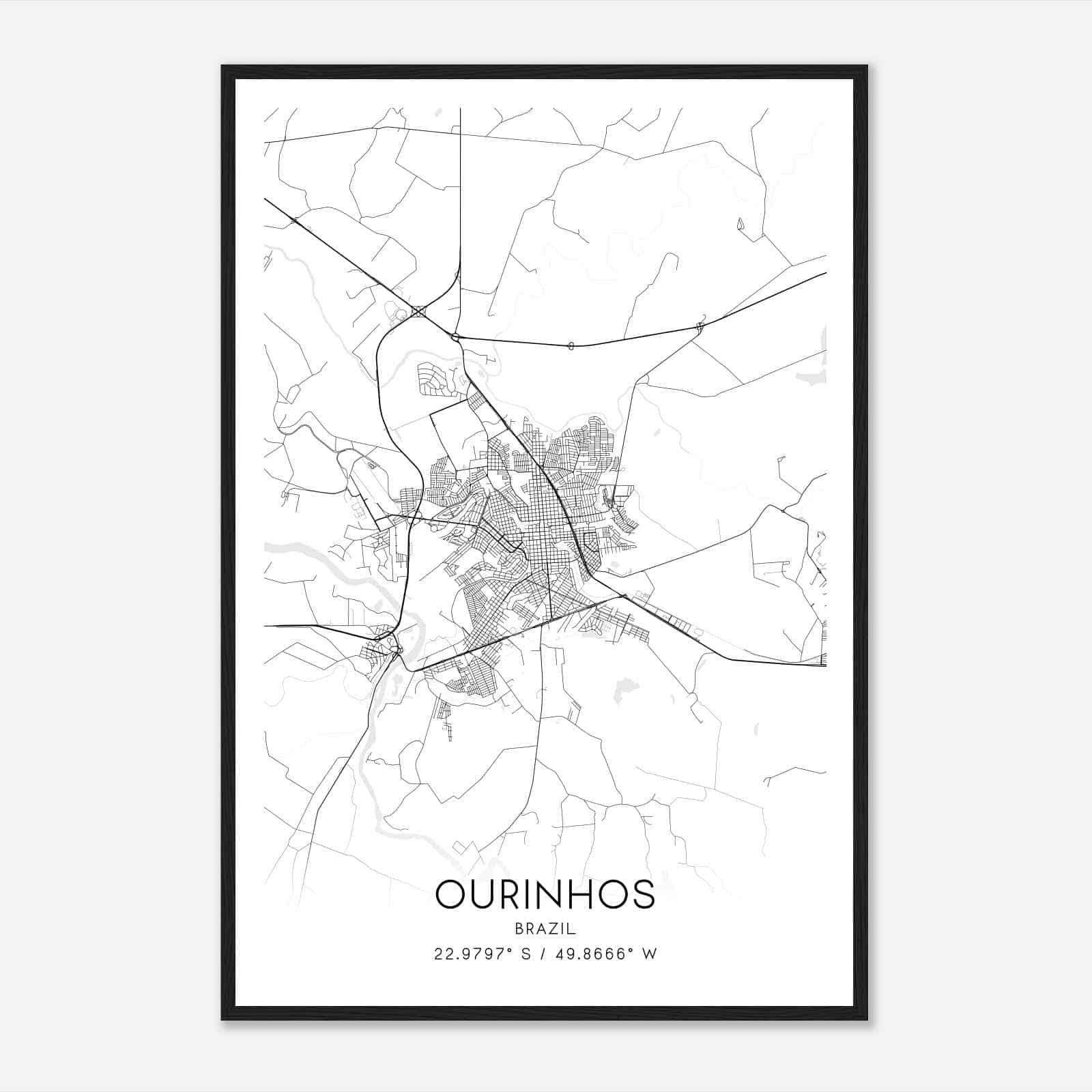 Ourinhos Brazil Map Poster, Ourinhos City Road Wall Art Print
