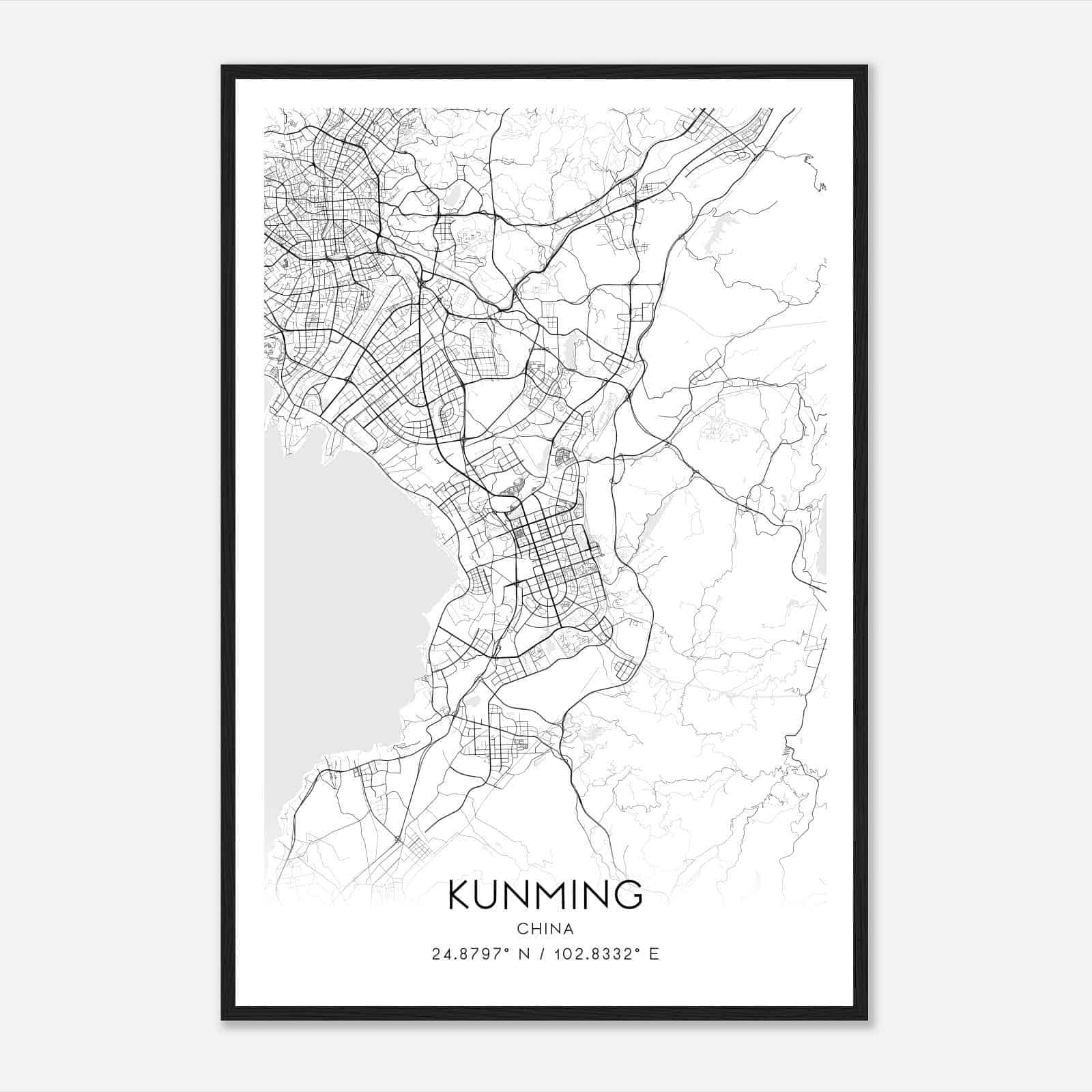 Kunming China Map Poster, Kunming City Road Wall Art Print