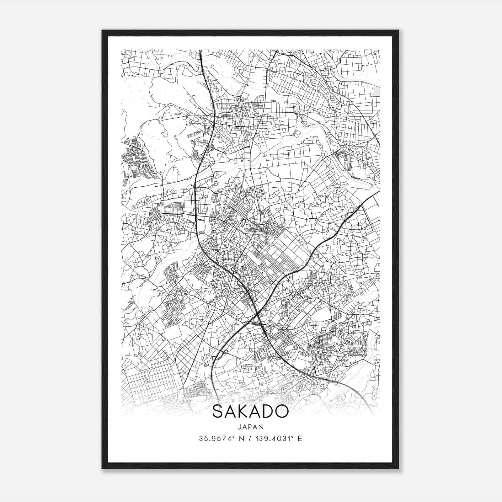 Sakado Japan Map Poster, Sakado City Road Wall Art Print