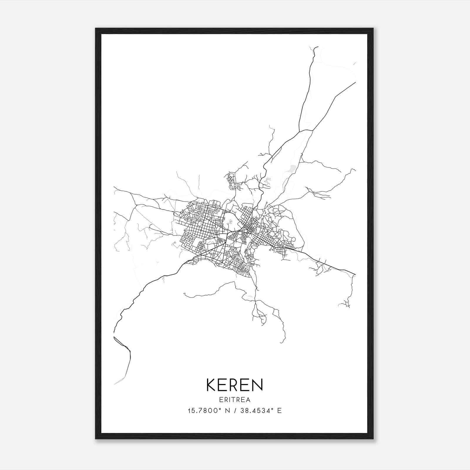 Keren Eritrea Map Poster, Keren City Road Wall Art Print