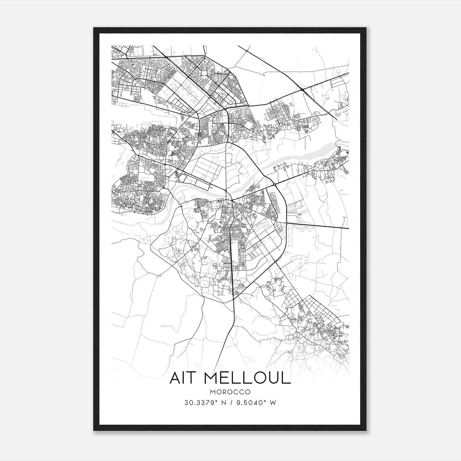 Ait Melloul Morocco Map Poster, Ait Melloul City Road Wall Art Print