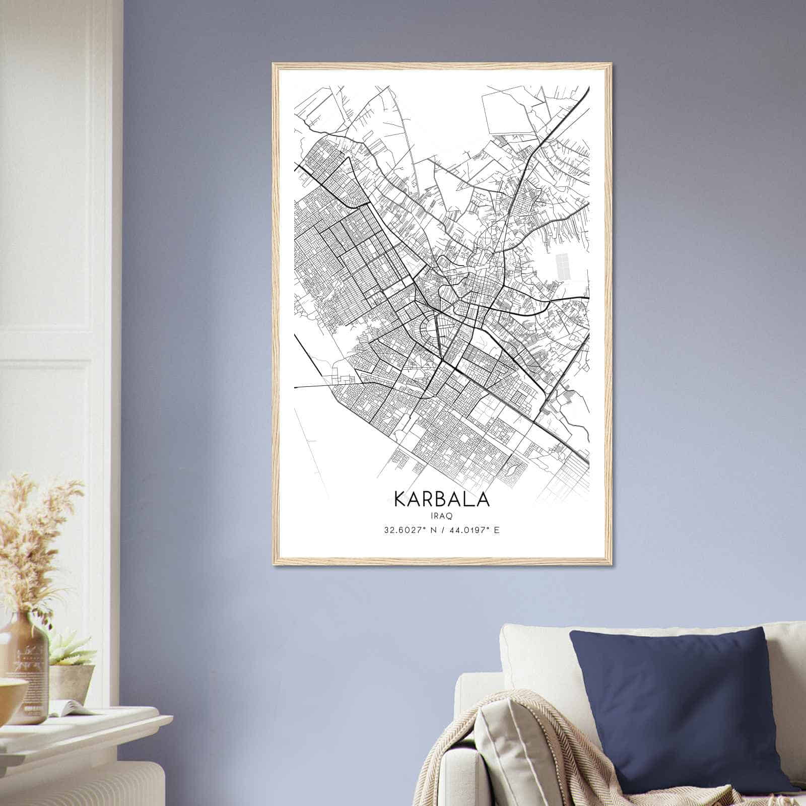 Karbala Iraq Map Poster, Karbala City Road Wall Art Print