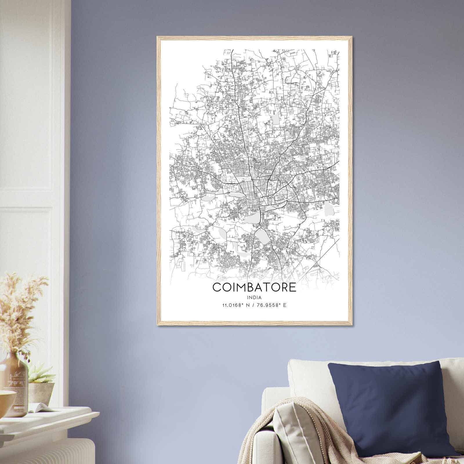 Coimbatore India Map Poster, Coimbatore City Road Wall Art Print