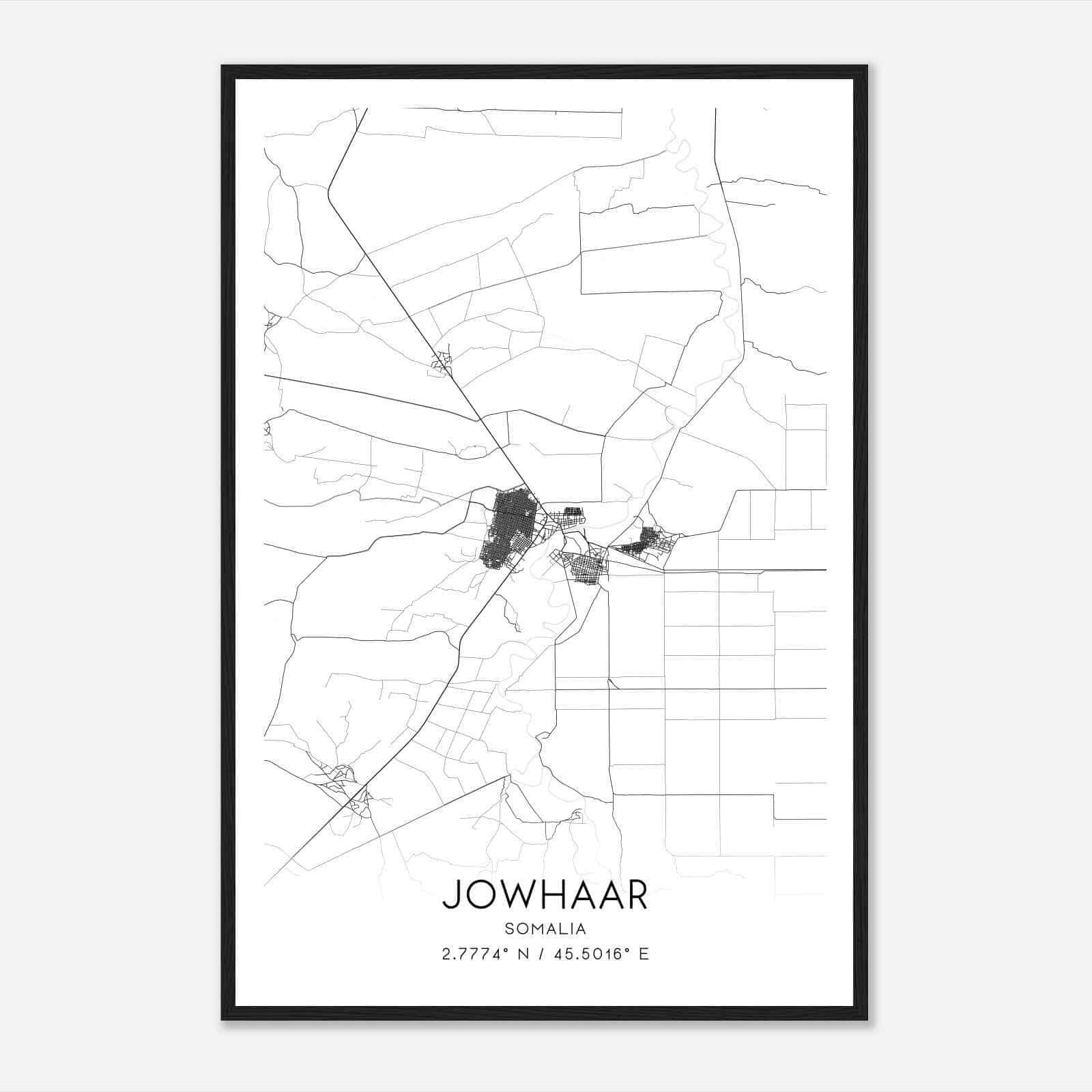 Jowhaar Somalia Map Poster, Jowhaar City Road Wall Art Print