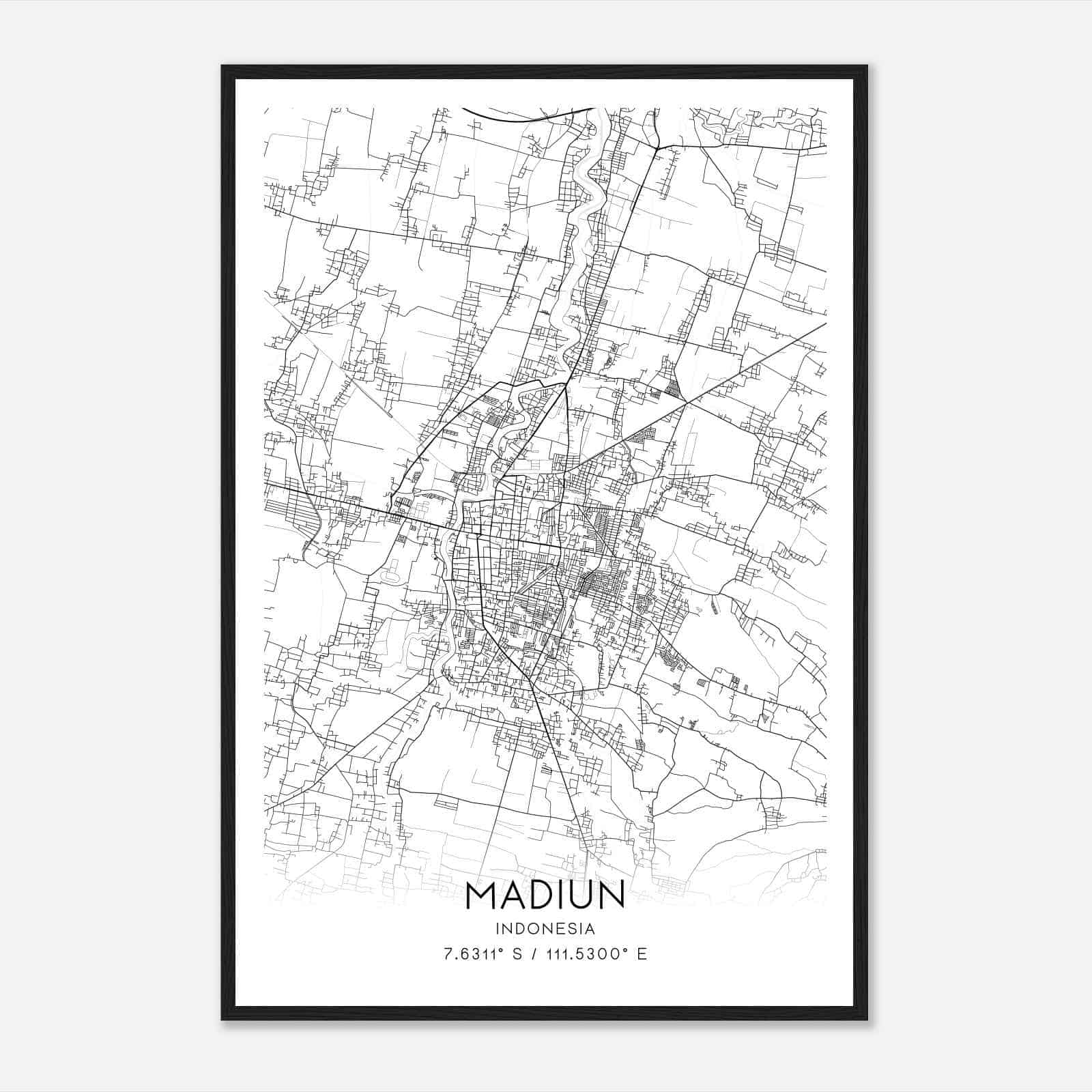 Madiun Indonesia Map Poster, Madiun City Road Wall Art Print