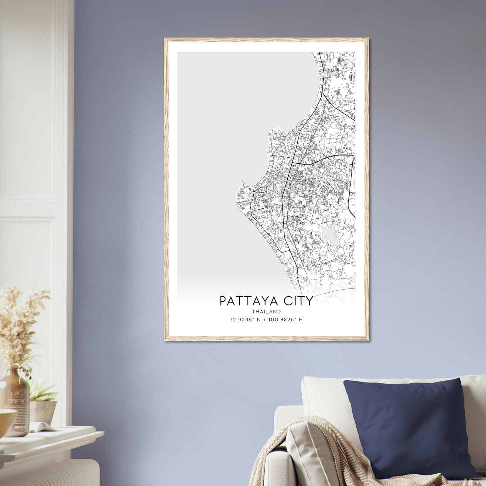 Pattaya City Thailand Map Poster, Pattaya City City Road Wall Art Print