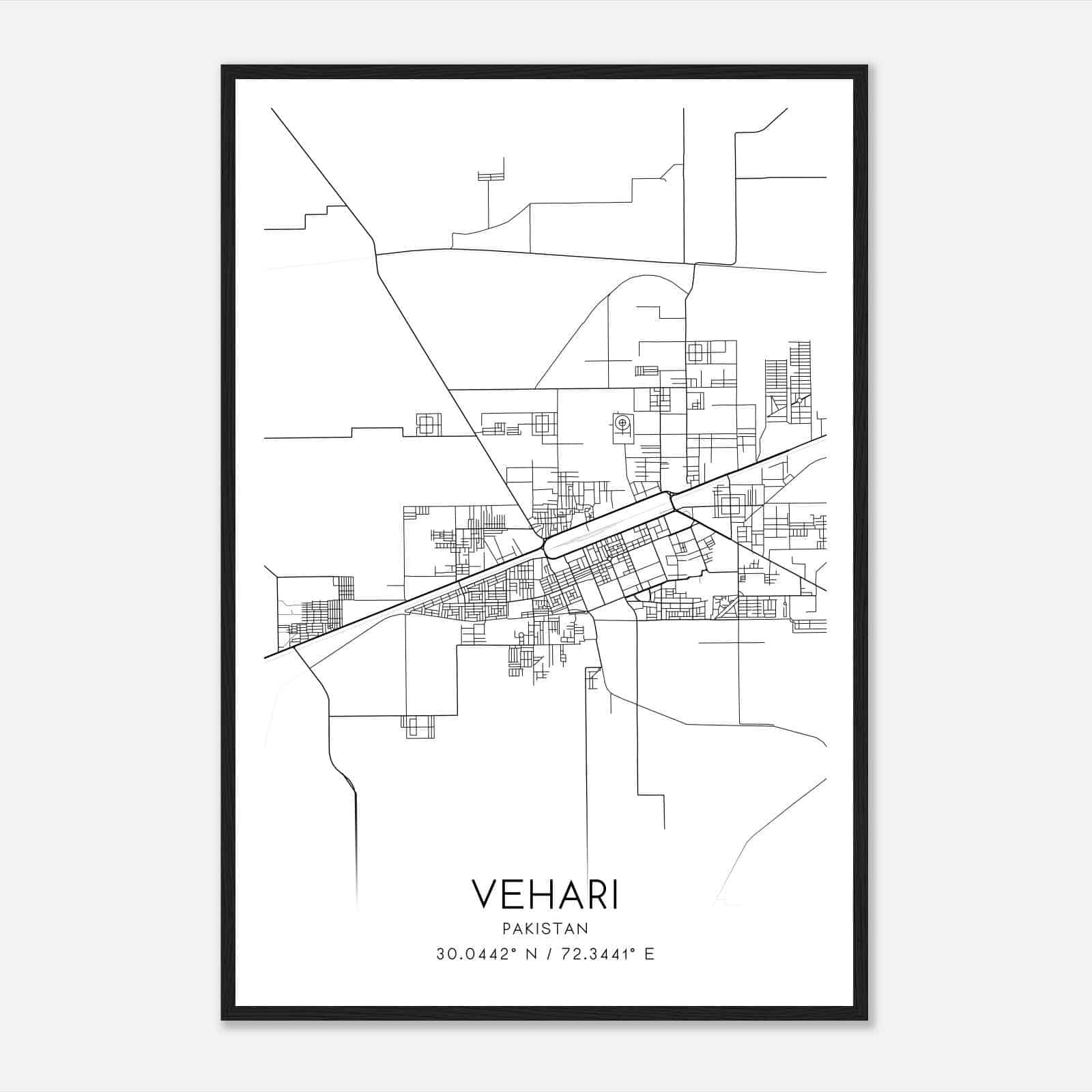 Vehari Pakistan Map Poster, Vehari City Road Wall Art Print