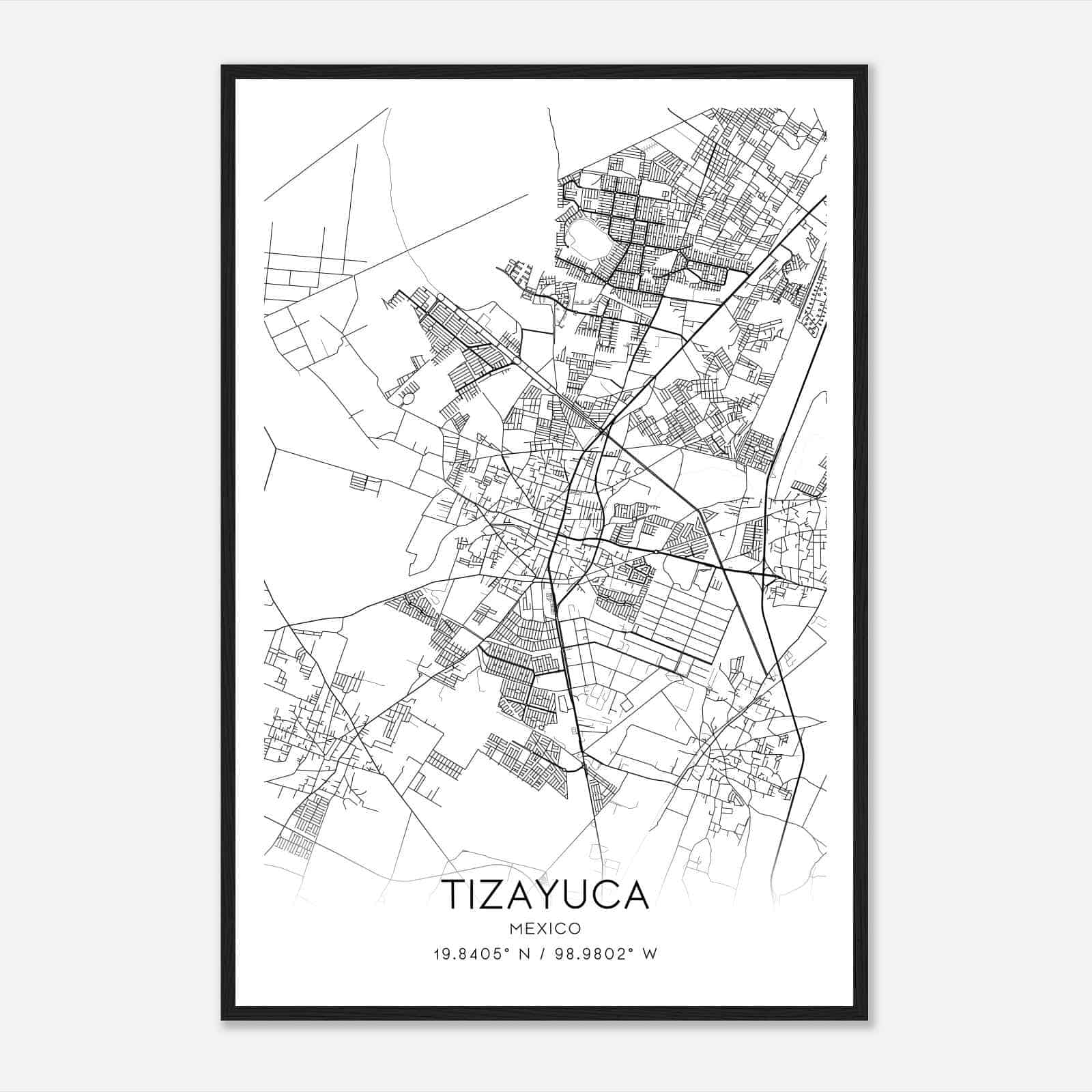 Tizayuca Mexico Map Poster, Tizayuca City Road Wall Art Print