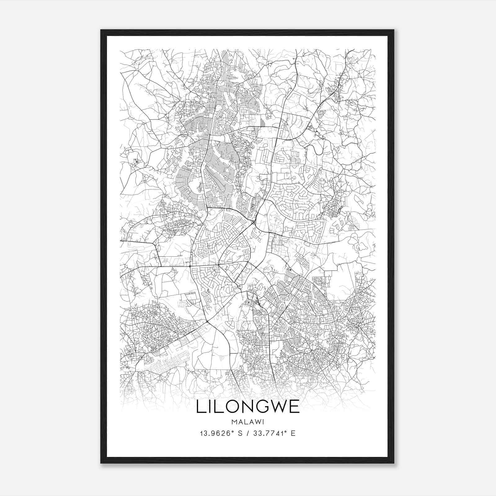 Lilongwe Malawi Map Poster, Lilongwe City Road Wall Art Print