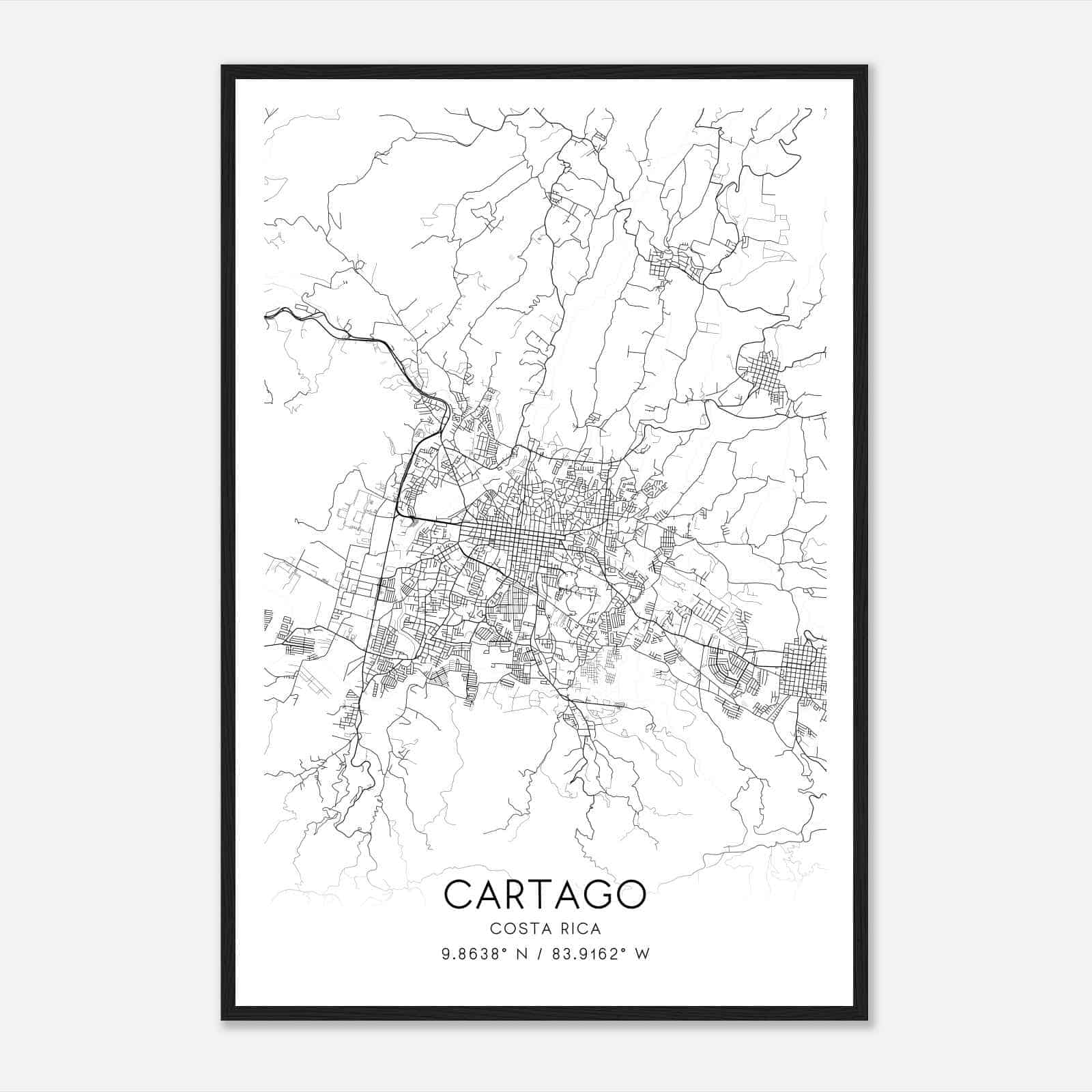 Cartago Costa Rica Map Poster, Cartago City Road Wall Art Print