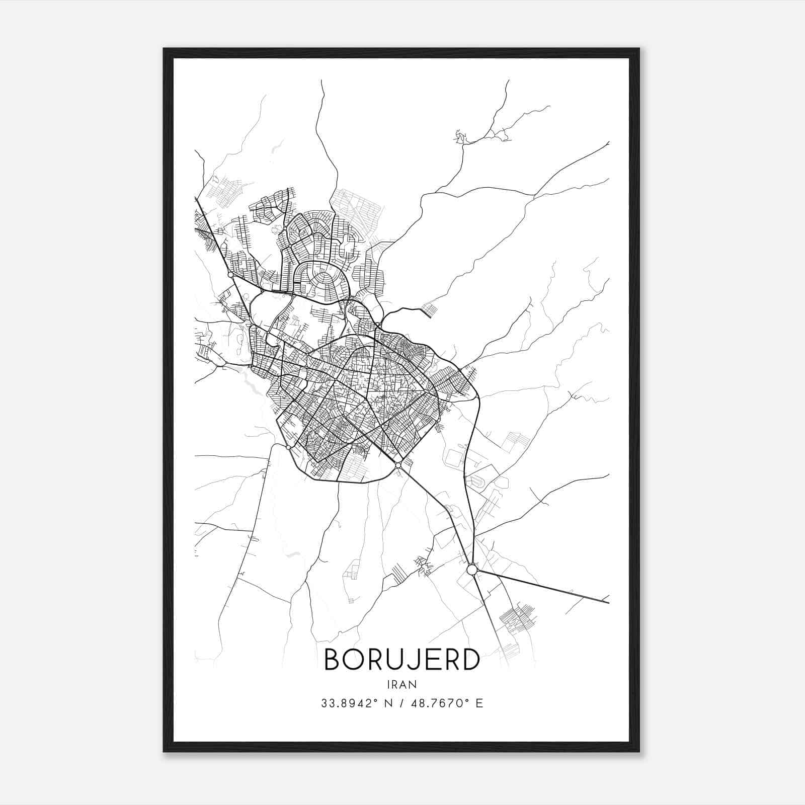 Borujerd Iran Map Poster, Borujerd City Road Wall Art Print