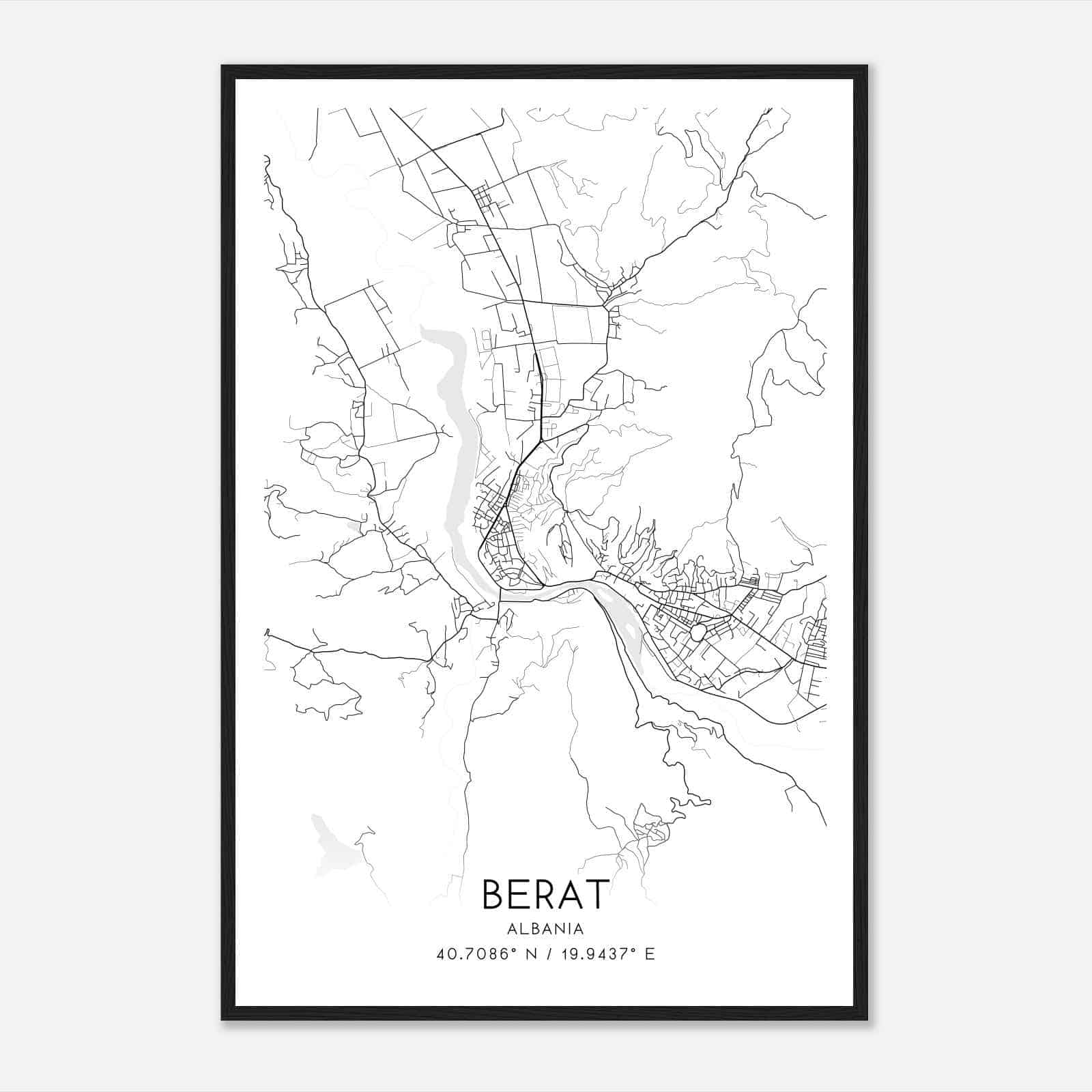 Berat Albania Map Poster, Berat City Road Wall Art Print