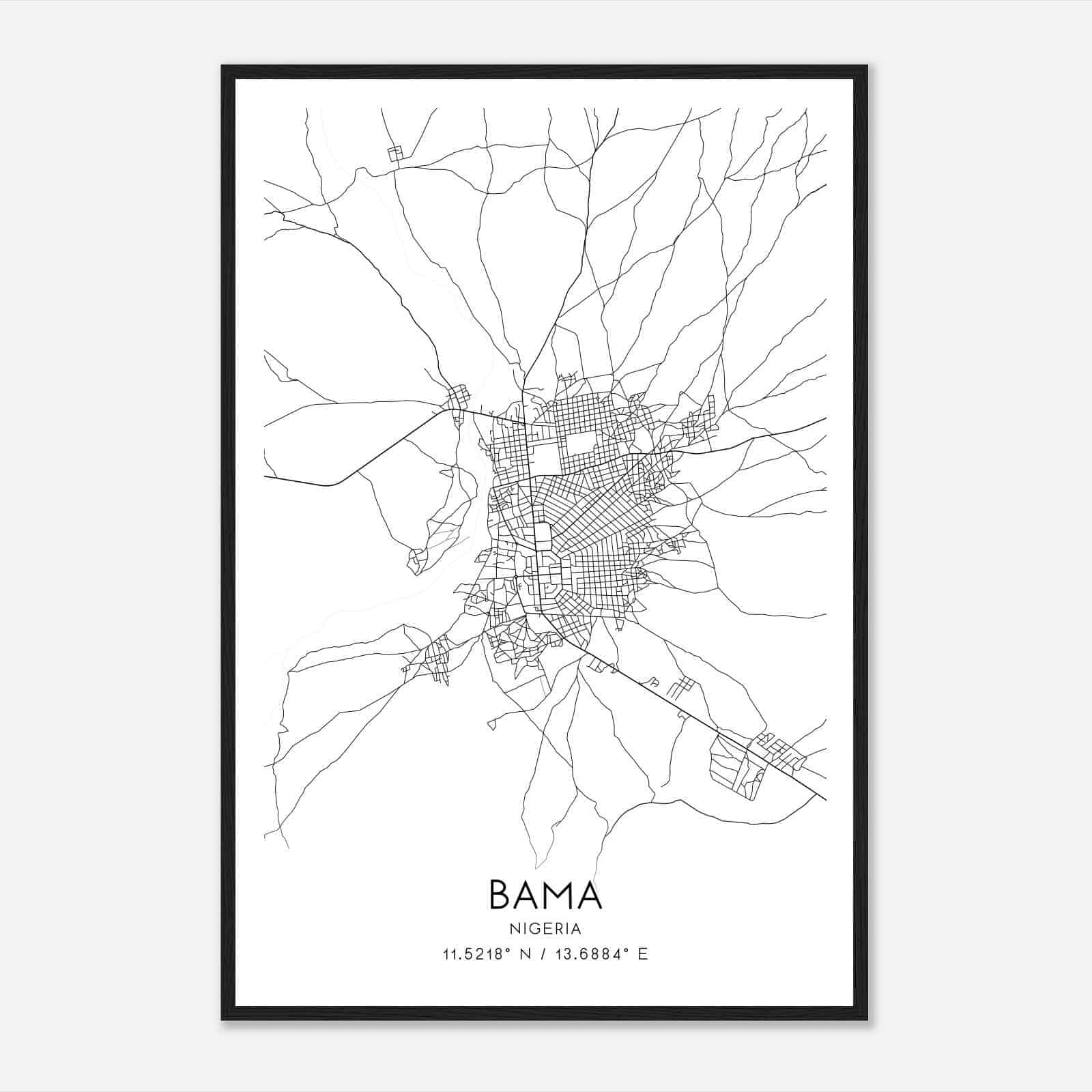 Bama Nigeria Map Poster, Bama City Road Wall Art Print