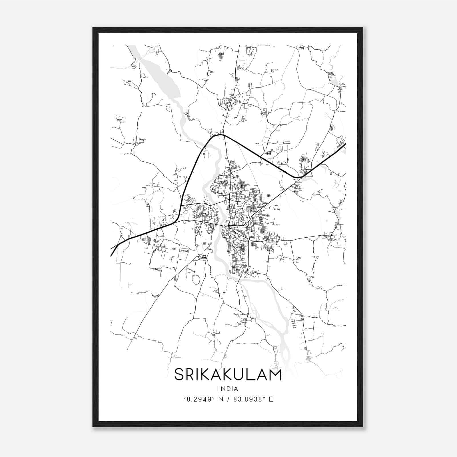 Srikakulam India Map Poster, Srikakulam City Road Wall Art Print