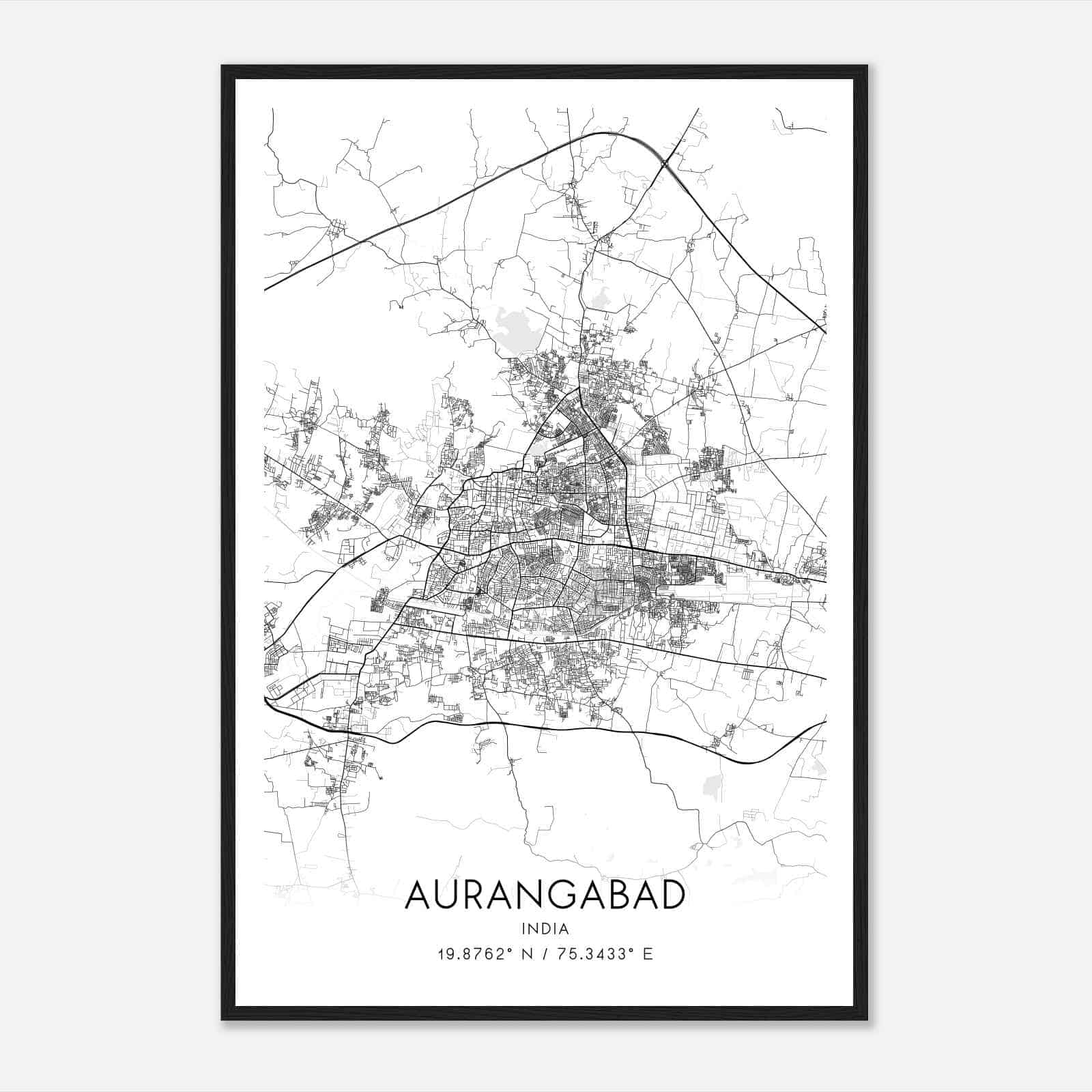 Aurangabad India Map Poster, Aurangabad City Road Wall Art Print