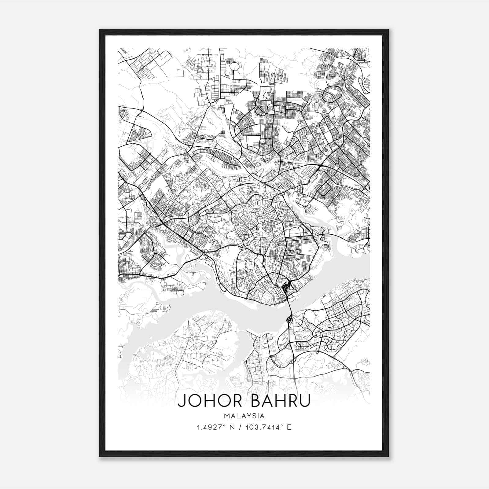 Johor Bahru Malaysia Map Poster, Johor Bahru City Road Wall Art Print