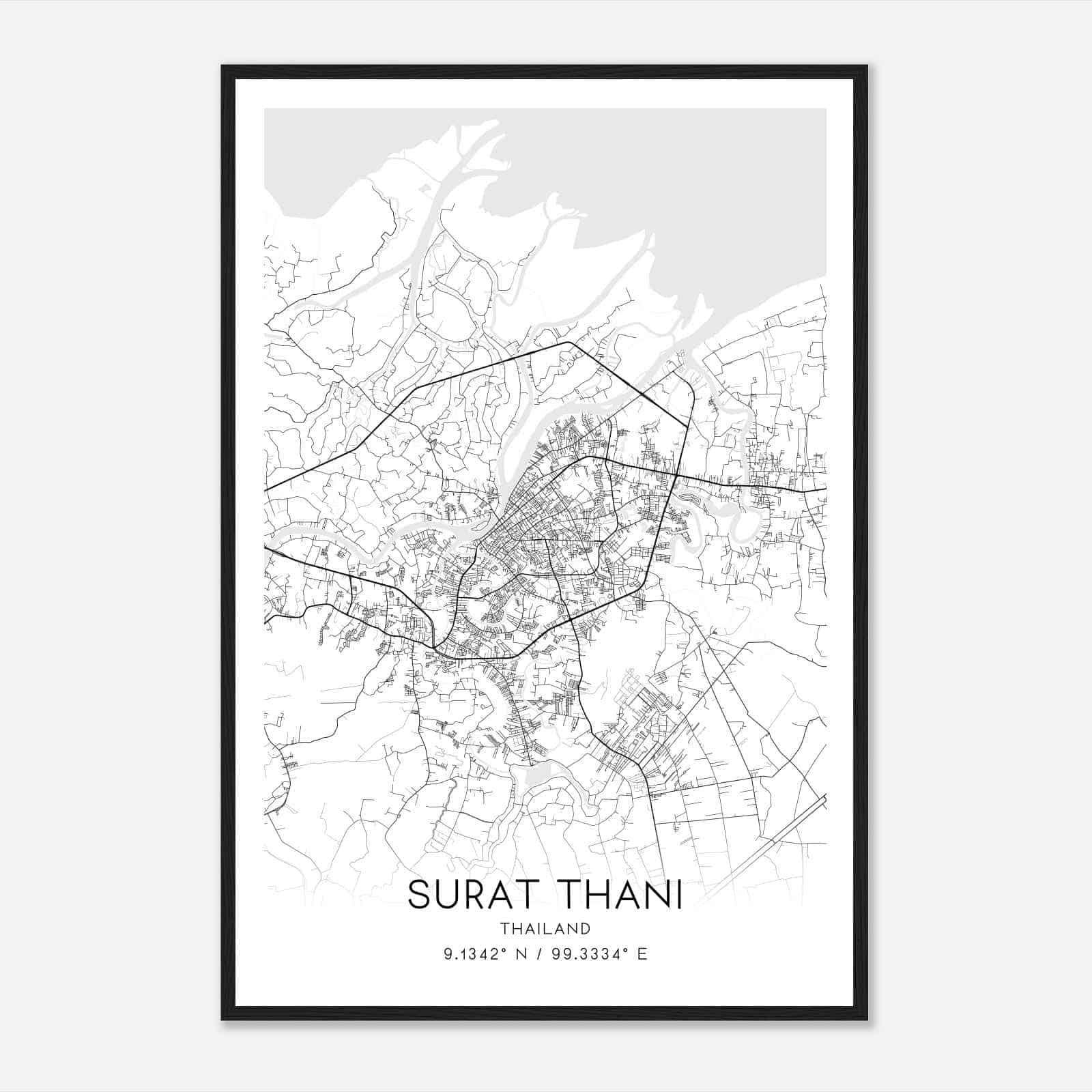 Surat Thani Thailand Map Poster, Surat Thani City Road Wall Art Print