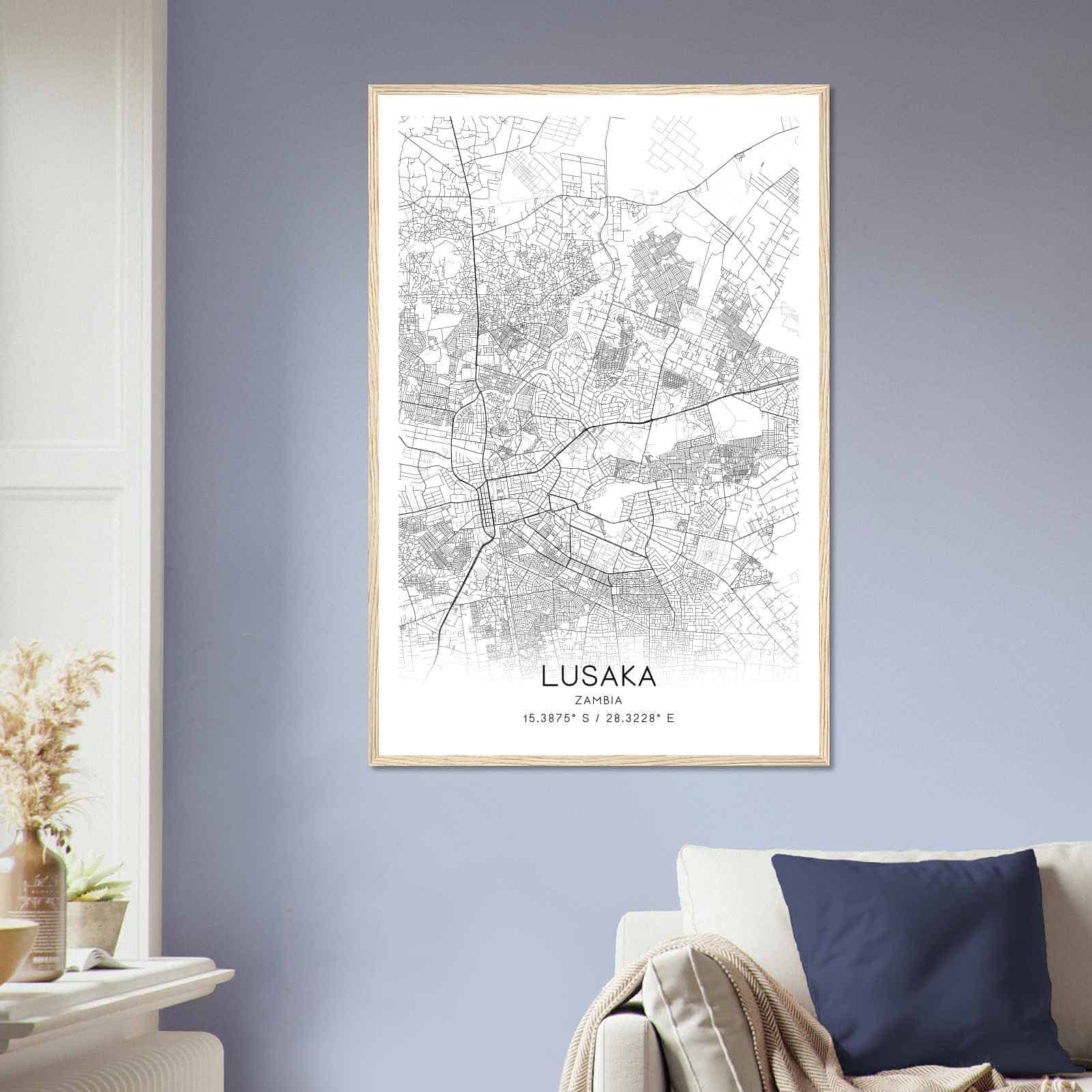 Lusaka Zambia Map Poster, Lusaka City Road Wall Art Print