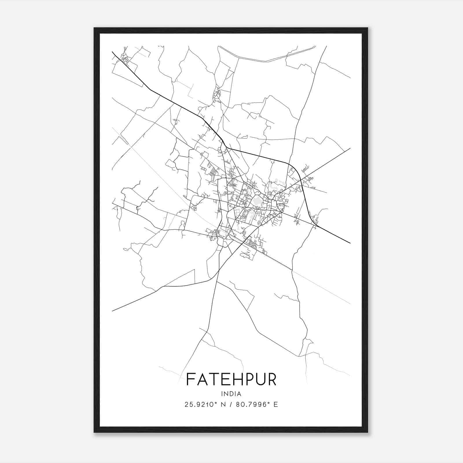 Fatehpur India Map Poster, Fatehpur City Road Wall Art Print