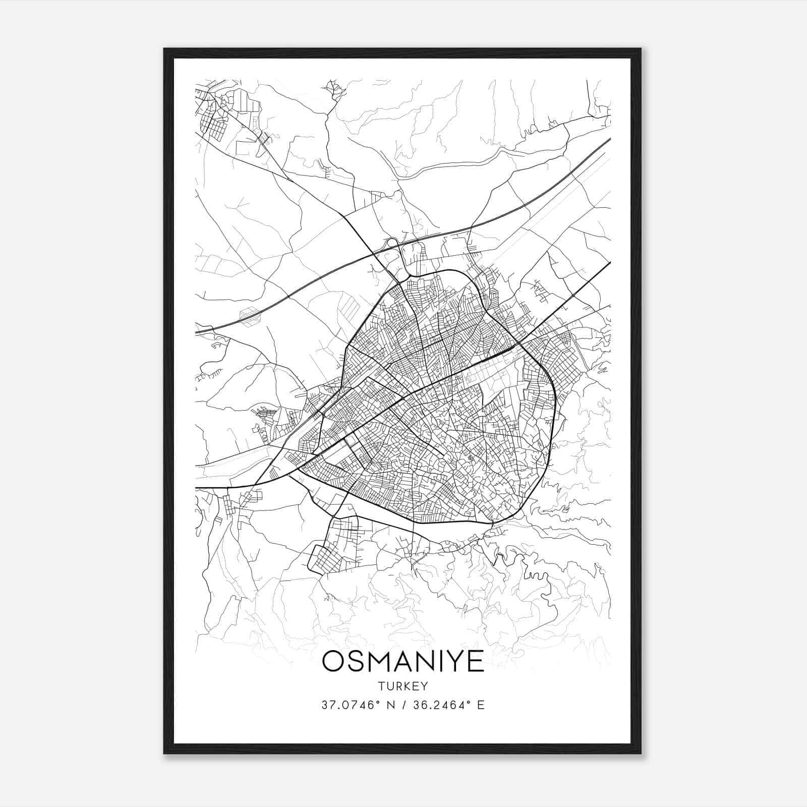 Osmaniye Turkey Map Poster, Osmaniye City Road Wall Art Print