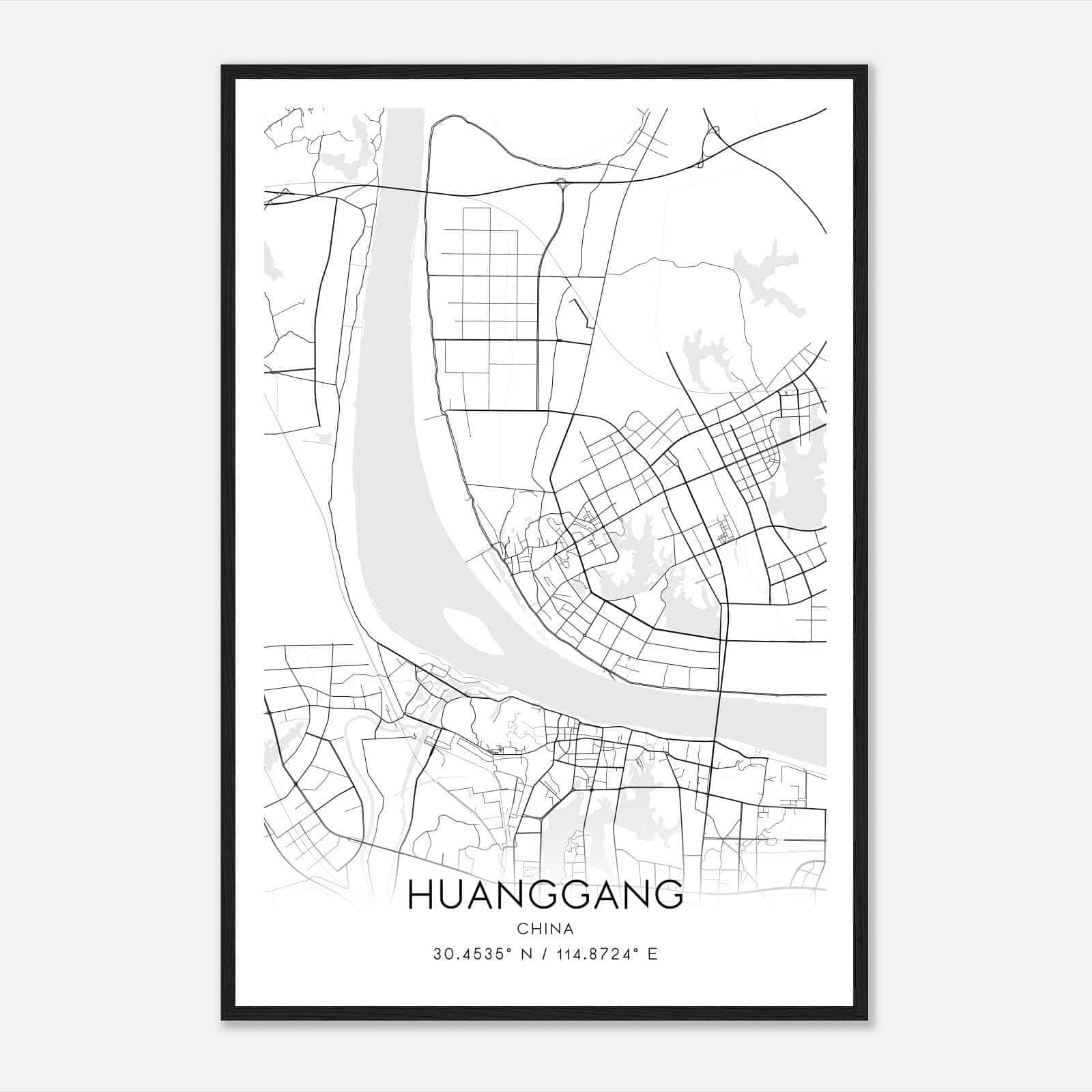 Huanggang China Map Poster, Huanggang City Road Wall Art Print
