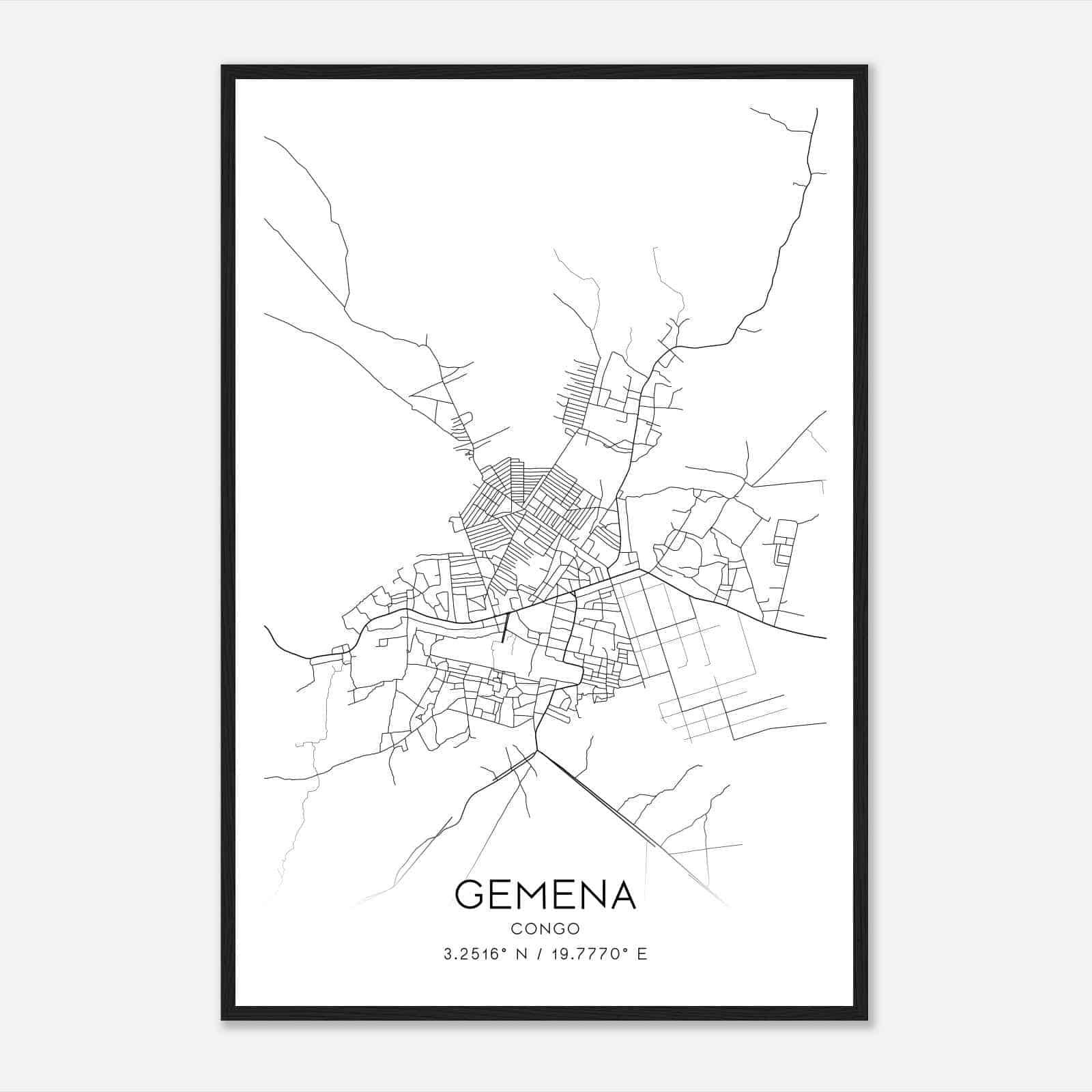 Gemena Congo Map Poster, Gemena City Road Wall Art Print