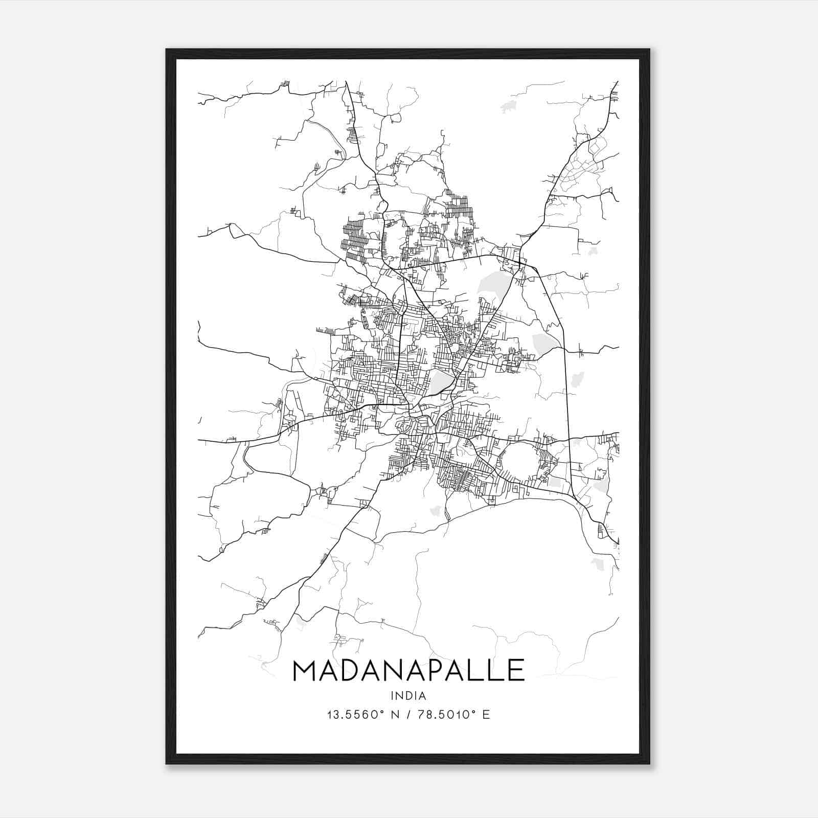 Madanapalle India Map Poster, Madanapalle City Road Wall Art Print
