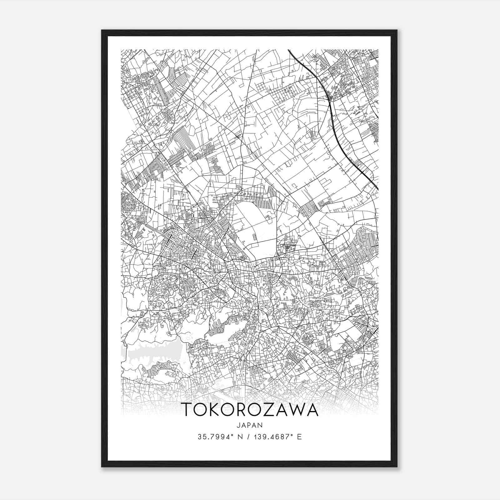 Tokorozawa Japan Map Poster, Tokorozawa City Road Wall Art Print